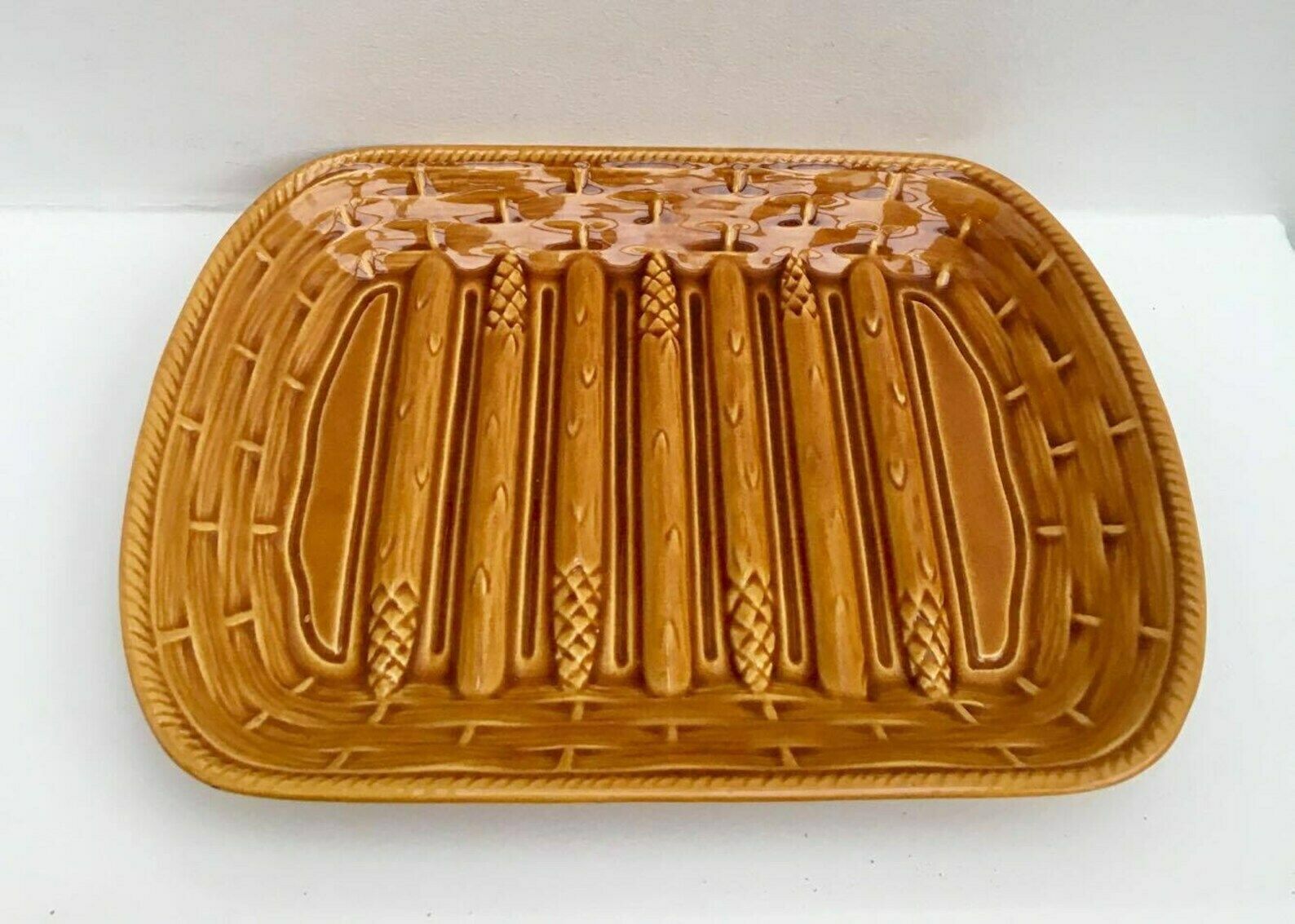 Aspergesbord, Majolica Schaal Bruin Vintage Extra Groot Frans Aardewerk jaren 1960, Geglazuurd Rechthoekig Keramiek Barbotine, Asperges Mid-Century photo vintage