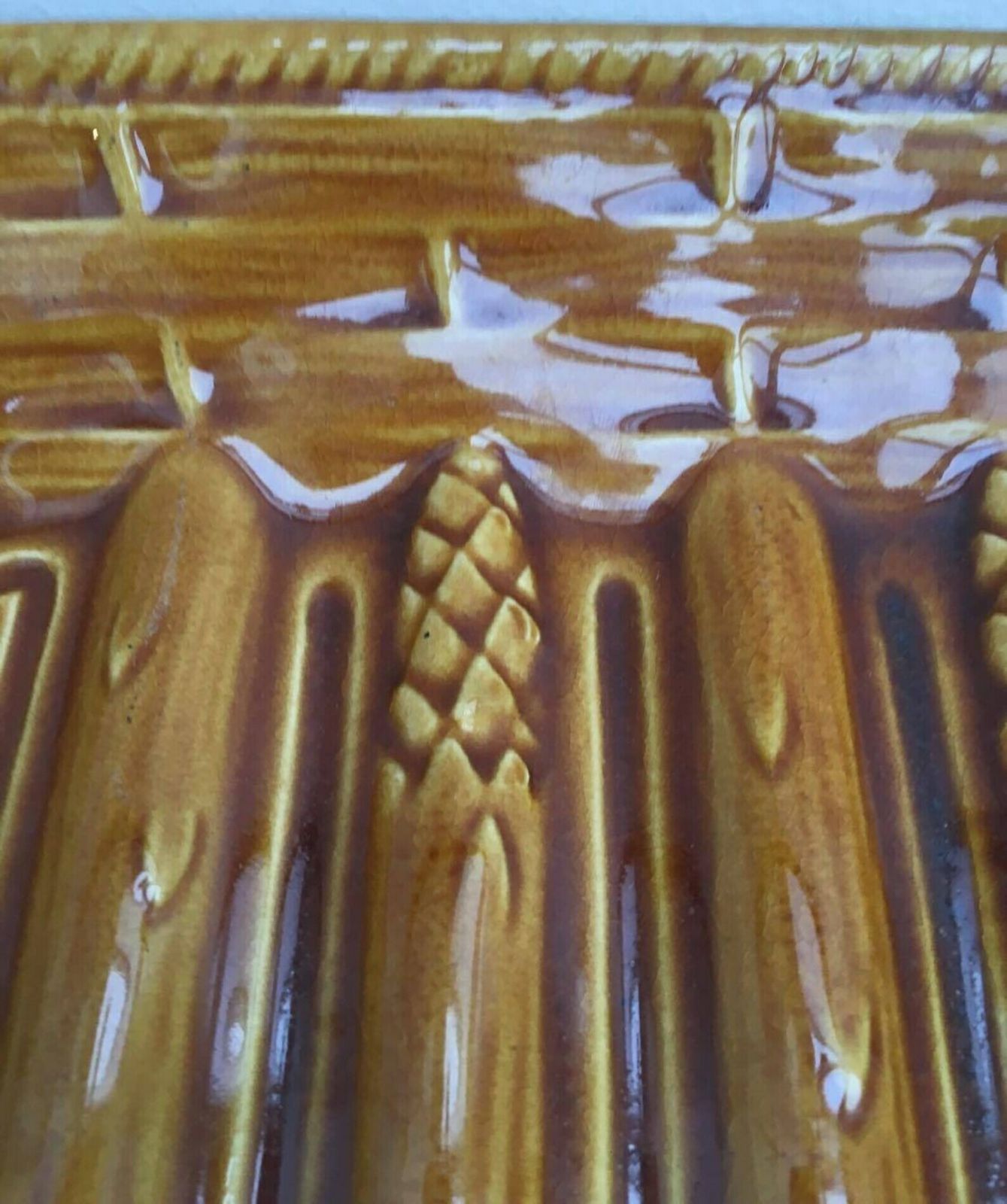 131.0 Asparagus Plate, Majolica Platter Brown Vintage Extra Large French Pottery 1960s,Ceramic Glazed Rectangular Barbotine, Asparagus Mcm photo