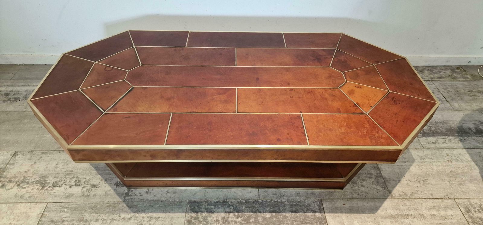 Large Full Leather Brown Coffee Table With Brass Details From, France photo 1464.0