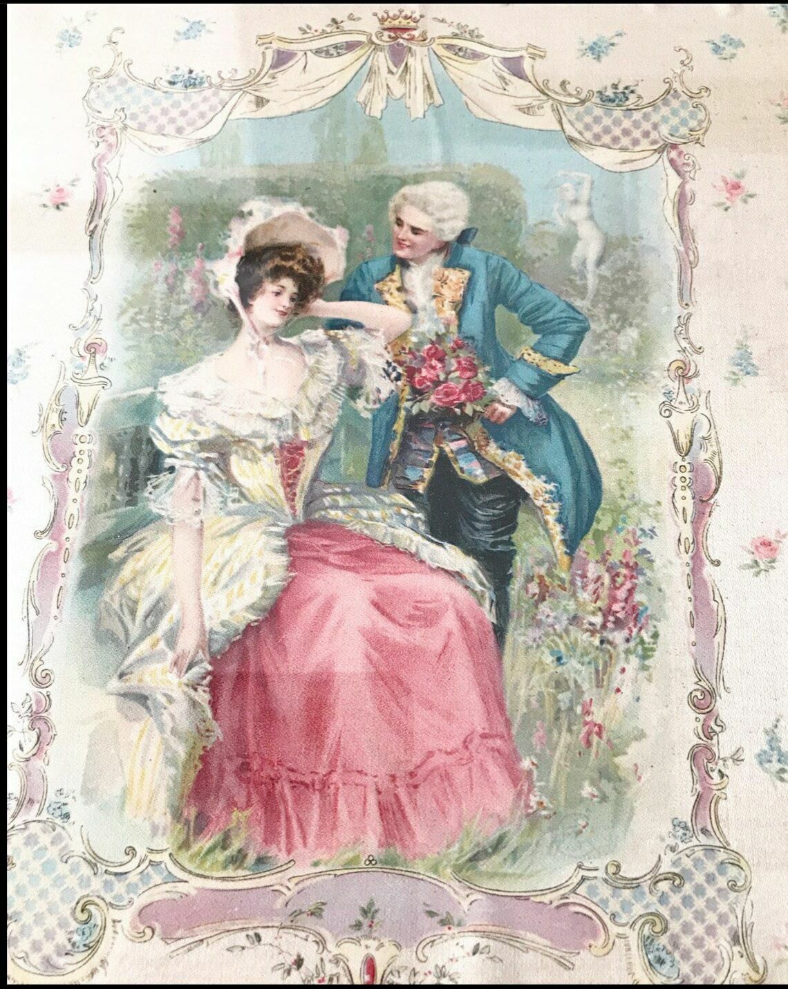 Victorian Painted Framed Silk Crynoline Lady Couple Romance Wall Picture Bathroom Bedroom Antique photo for sale