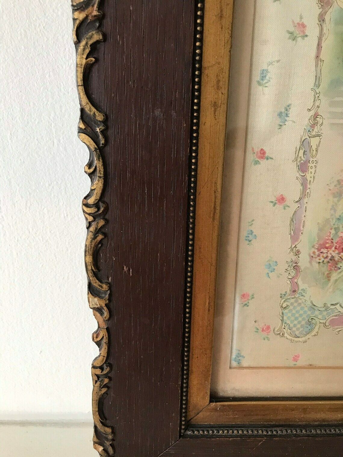 Victorian Painted Framed Silk Crynoline Lady Couple Romance Wall Picture Bathroom Bedroom Antique photo Art