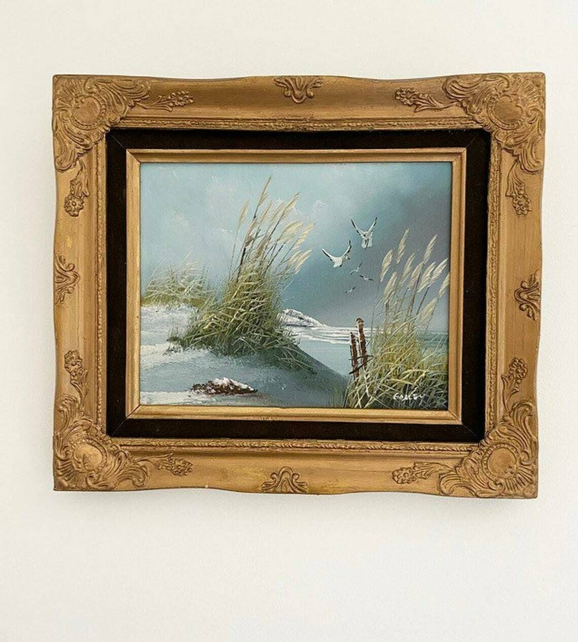 Vintage Oil On Board Seascape Framed Seagulls Shore Blue