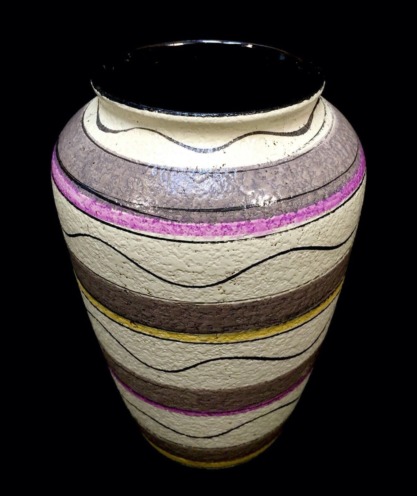 Vintage West German Pottery Vase / Retro 1950s / Cream / Purple / Yellow
