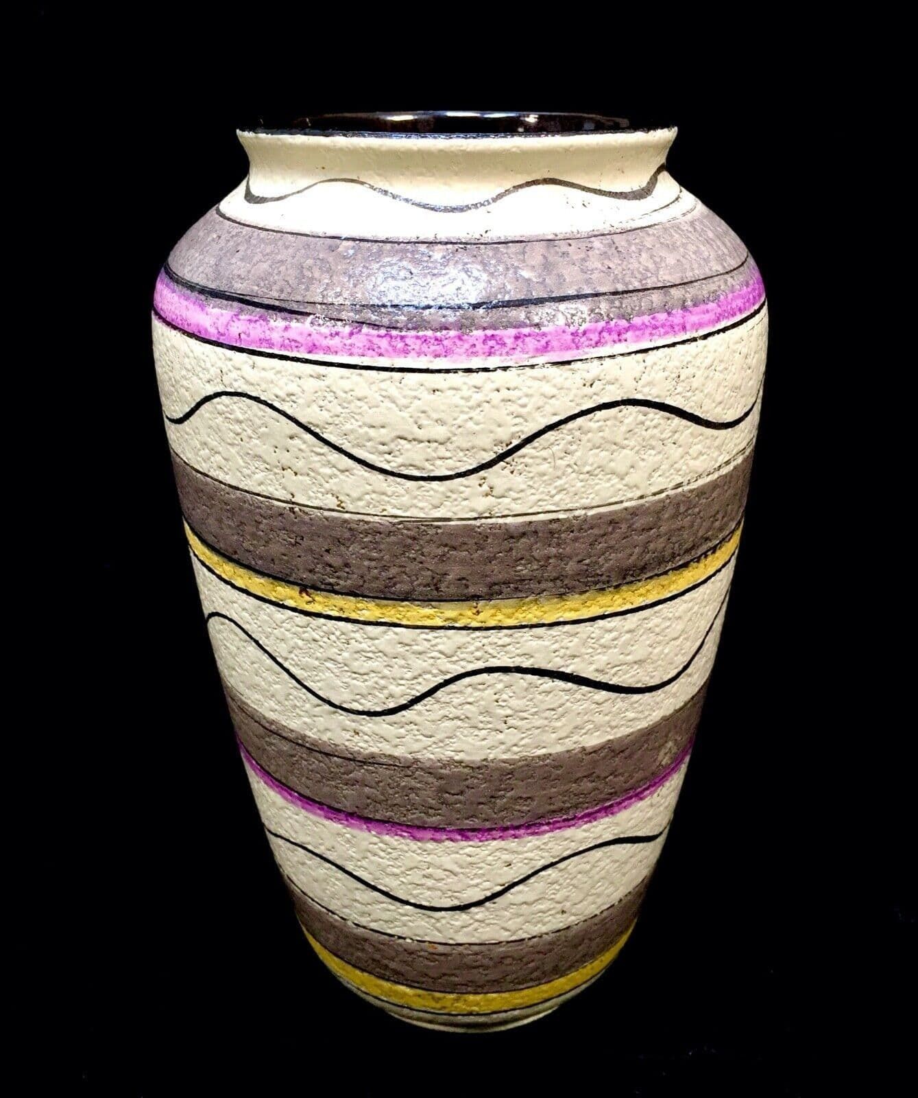Vintage West German Pottery Vase / Retro 1950s / Cream / Purple / Yellow photo 59.0