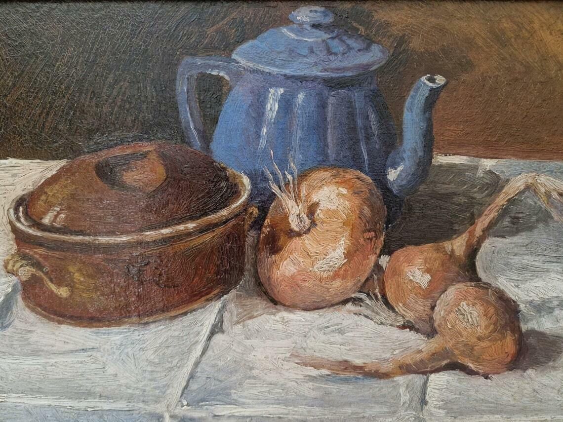 French Country Kitchen Still Life Painting With Onions Teapot And Casserole Dish photo furniture
