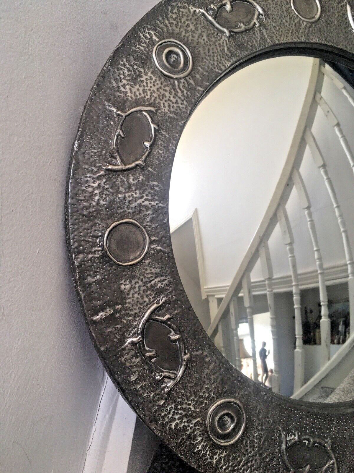 photo furniture Antique Arts & Crafts Period Abstract Beaten Pewter Round Convex Wall Mirror