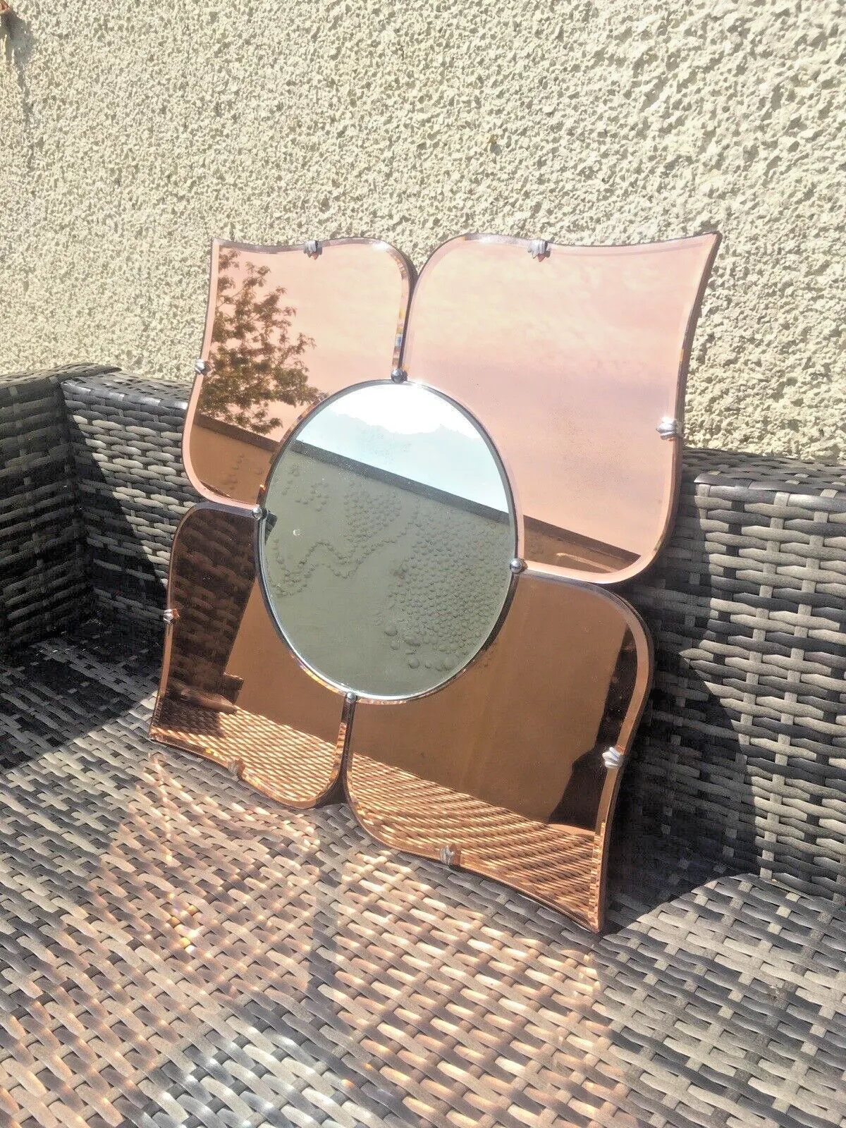 Huge 30" Beautiful 1930's Art Deco Flower Shaped Over Mantel Mirror Copper Peach photo 650.0