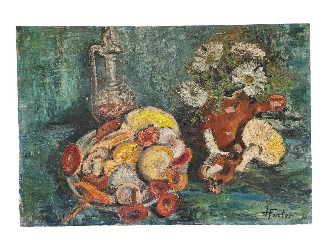 Mid Century Still Life Oil Painting With Mushrooms Port Wine And Flowers French Autumnal Fall Wall Art