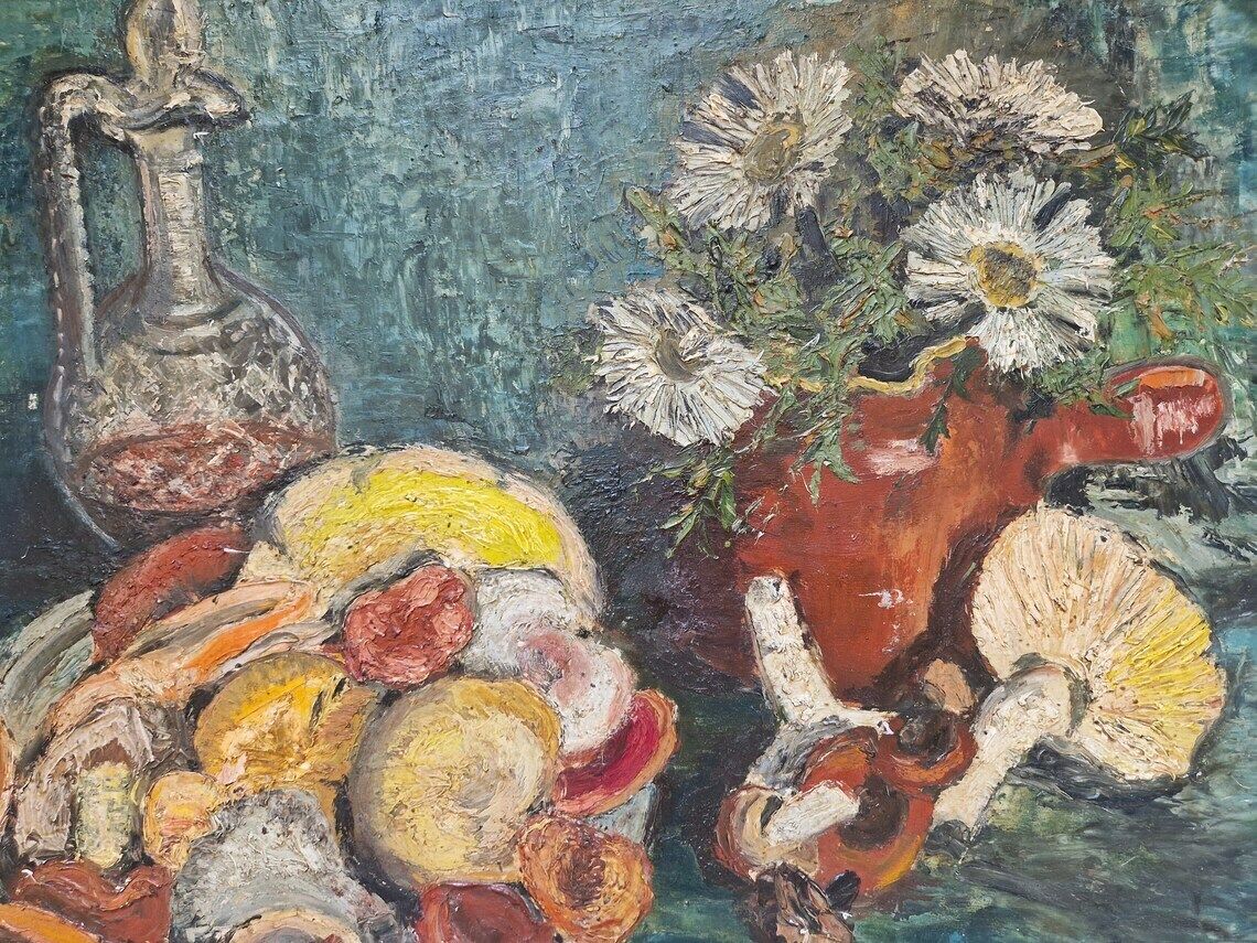 Mid Century Still Life Oil Painting With Mushrooms Port Wine And Flowers French Autumnal Fall Wall Art photo for sale