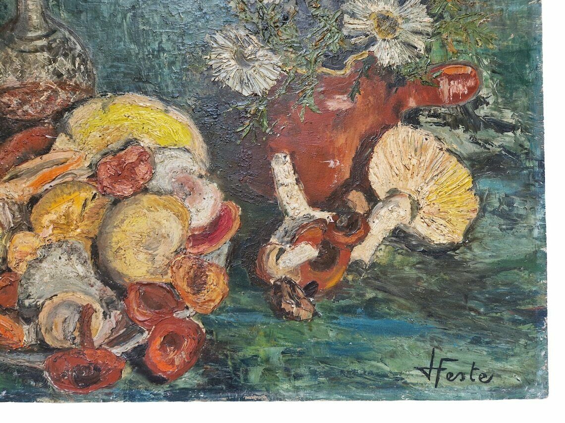 Mid Century Still Life Oil Painting With Mushrooms Port Wine And Flowers French Autumnal Fall Wall Art photo Art