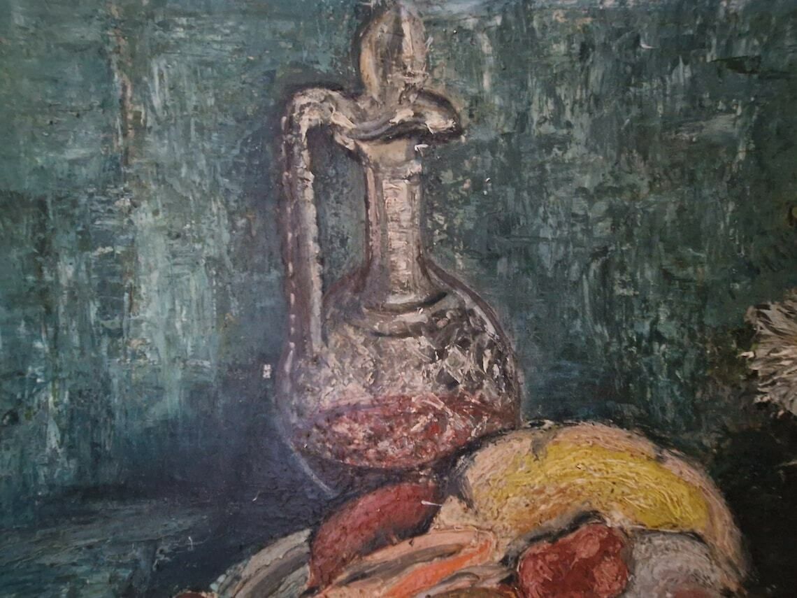Mid Century Still Life Oil Painting With Mushrooms Port Wine And Flowers French Autumnal Fall Wall Art photo 436.0