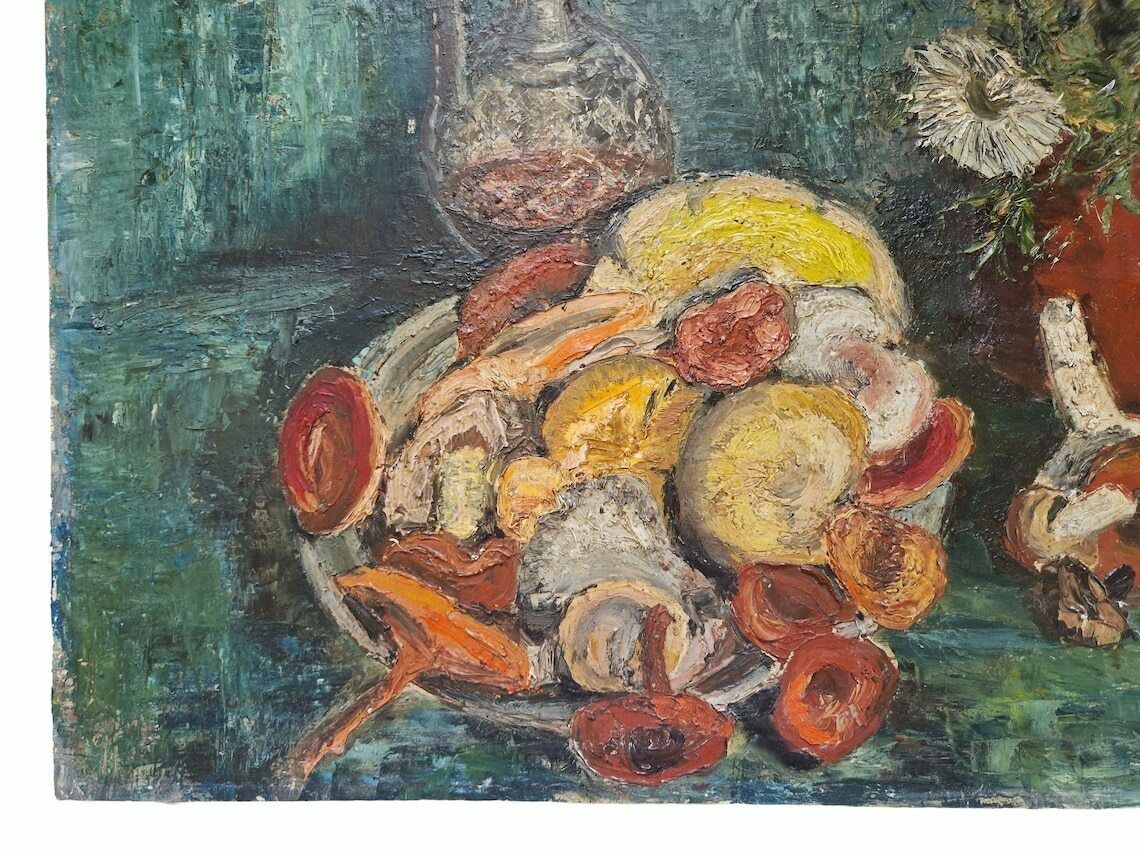 Mid Century Still Life Oil Painting With Mushrooms Port Wine And Flowers French Autumnal Fall Wall Art photo vintage