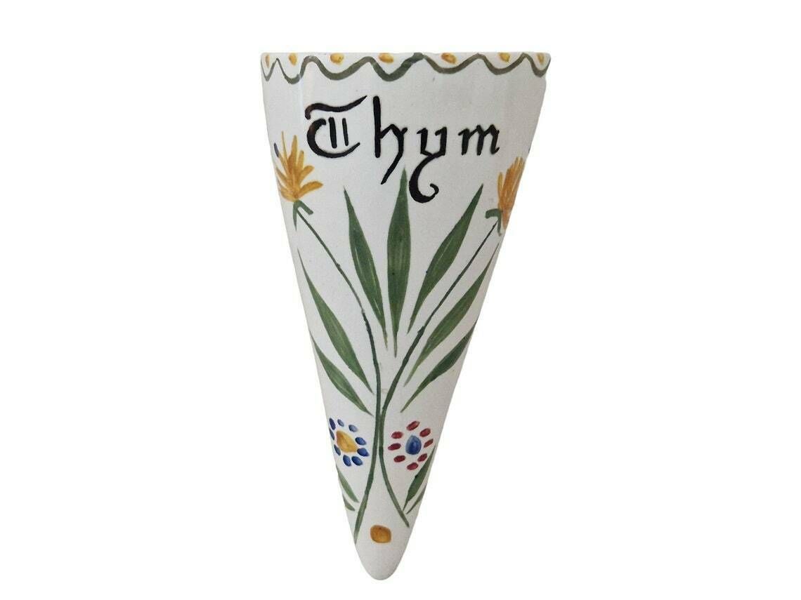 French Ceramic Thyme Pocket Vase With Folk Art Floral Motif Wall Hanging Pottery Horn