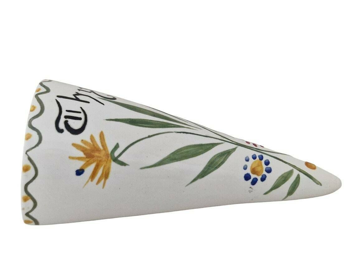 French Ceramic Thyme Pocket Vase With Folk Art Floral Motif Wall Hanging Pottery Horn photo for sale