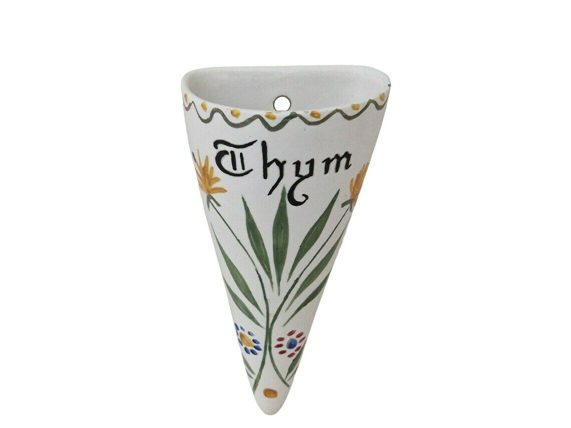 French Ceramic Thyme Pocket Vase With Folk Art Floral Motif Wall Hanging Pottery Horn photo Home Decor