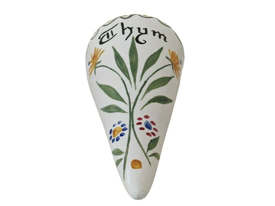 French Ceramic Thyme Pocket Vase With Folk Art Floral Motif Wall Hanging Pottery Horn photo vinterior