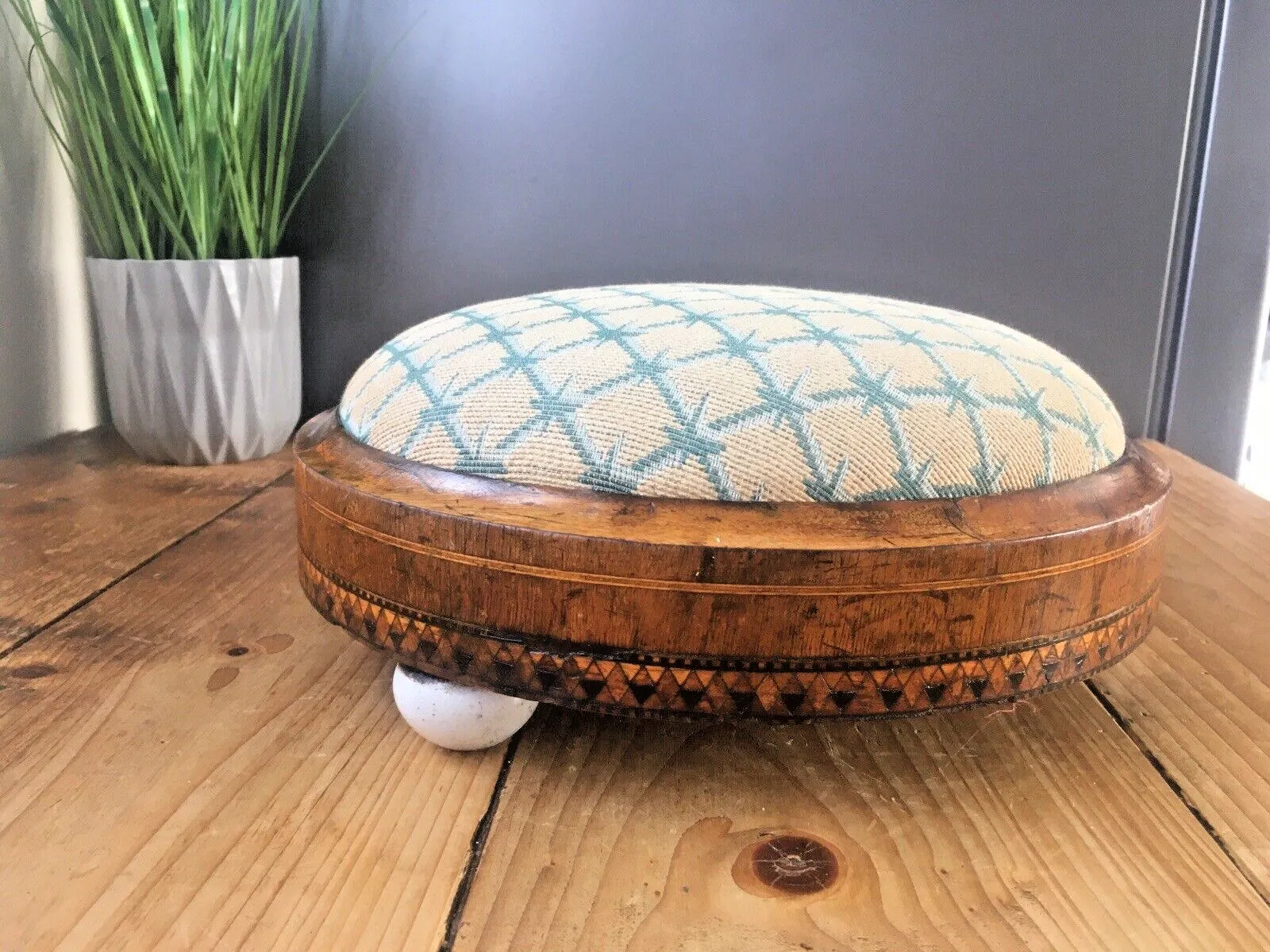 Antique Inlaid Diamond Tapestry Low Foot Stool Pouffe Old English Country House photo 88.0