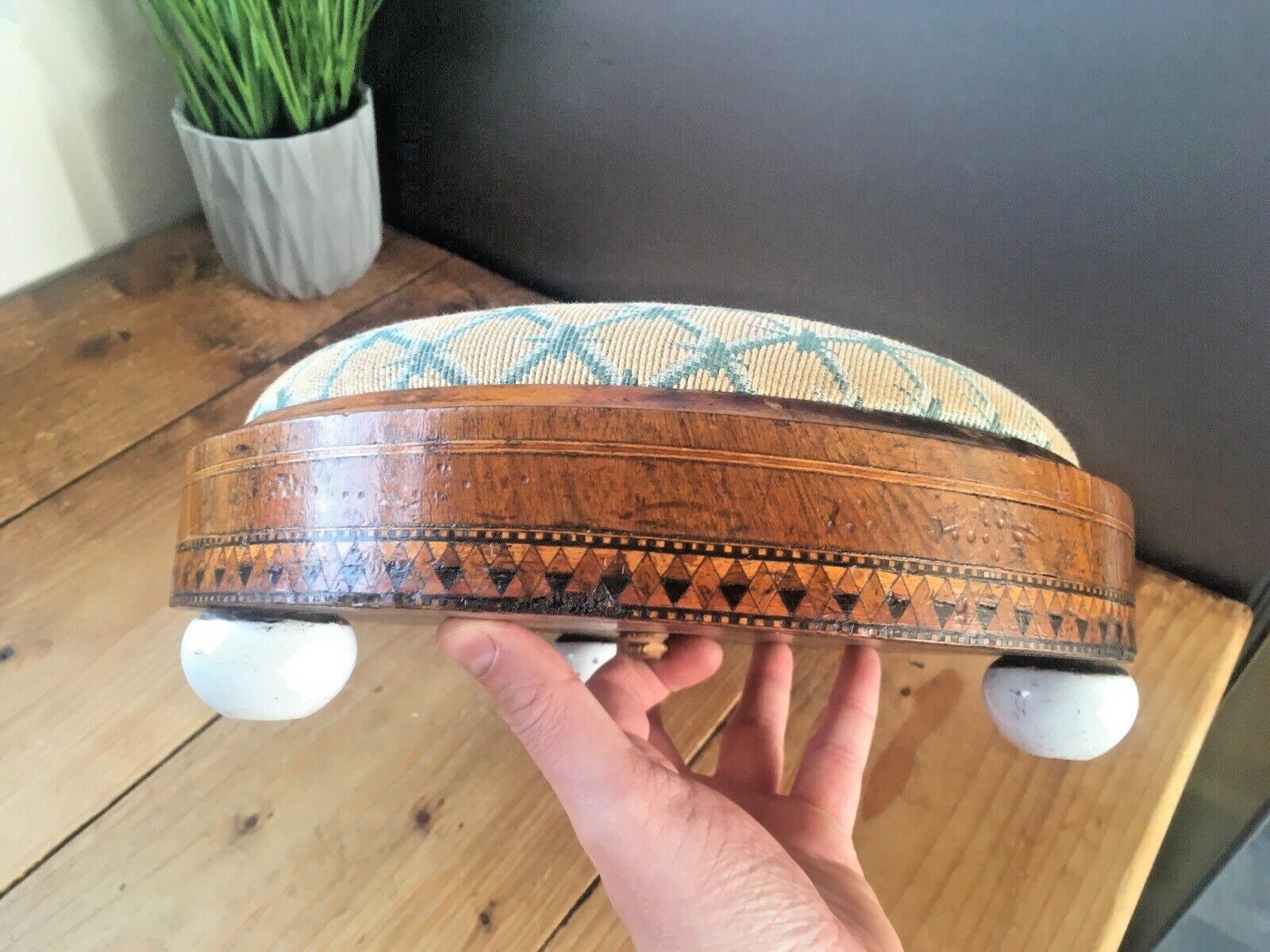 Antique Inlaid Diamond Tapestry Low Foot Stool Pouffe Old English Country House photo vintage