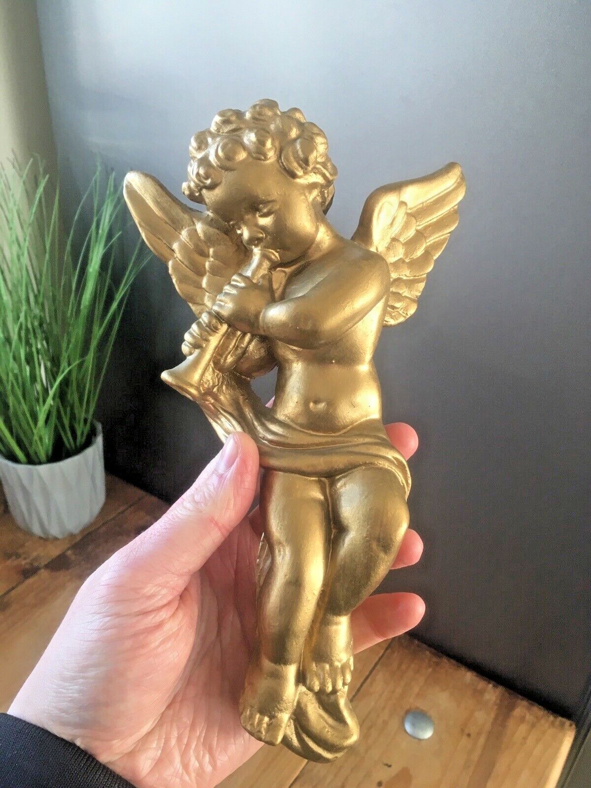 Pair Of Gold Chalkware Plaster Neoclassical Cupid Angels Cherubs Playing Music photo for sale