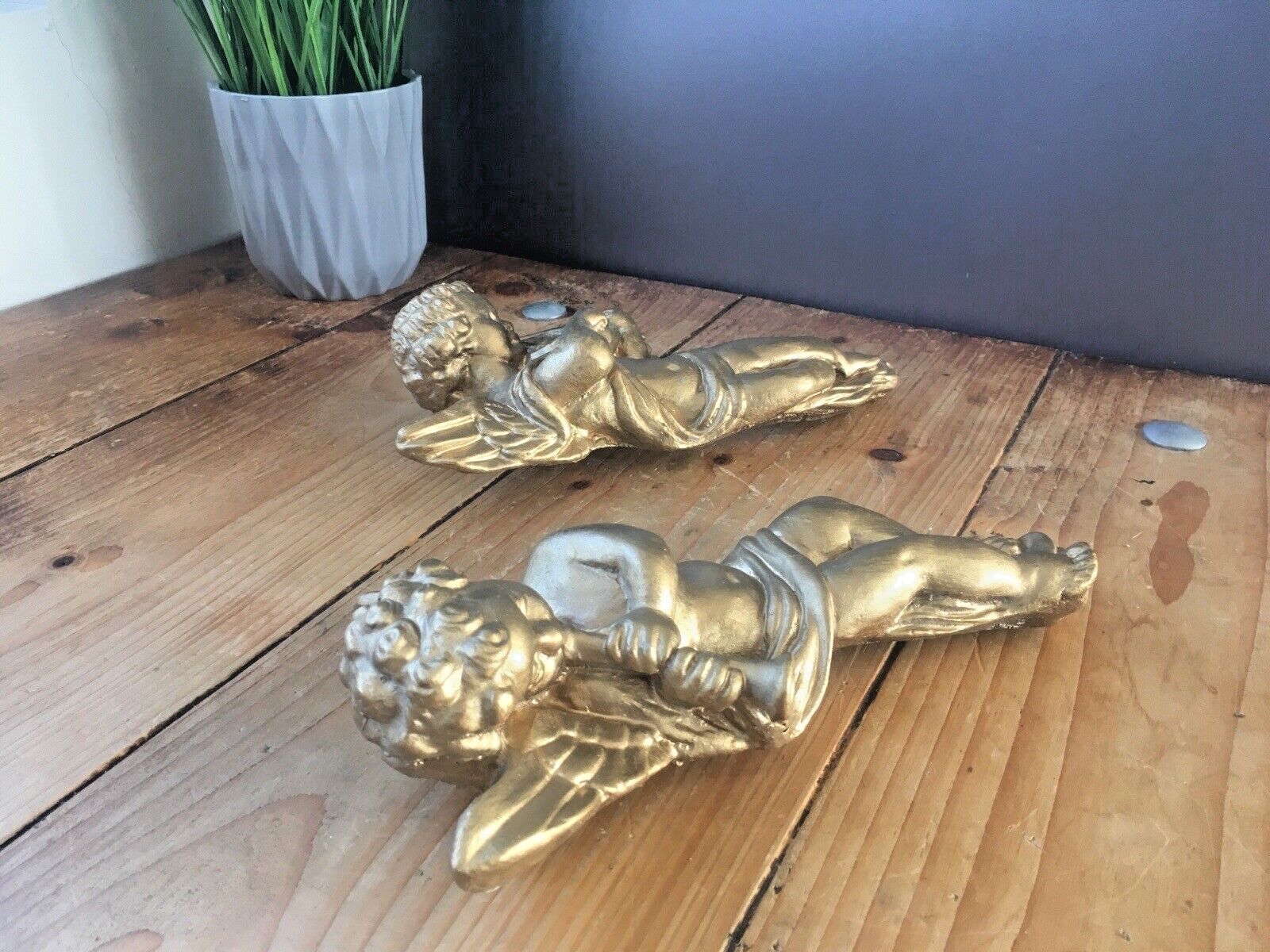 photo for sale Pair Of Gold Chalkware Plaster Neoclassical Cupid Angels Cherubs Playing Music