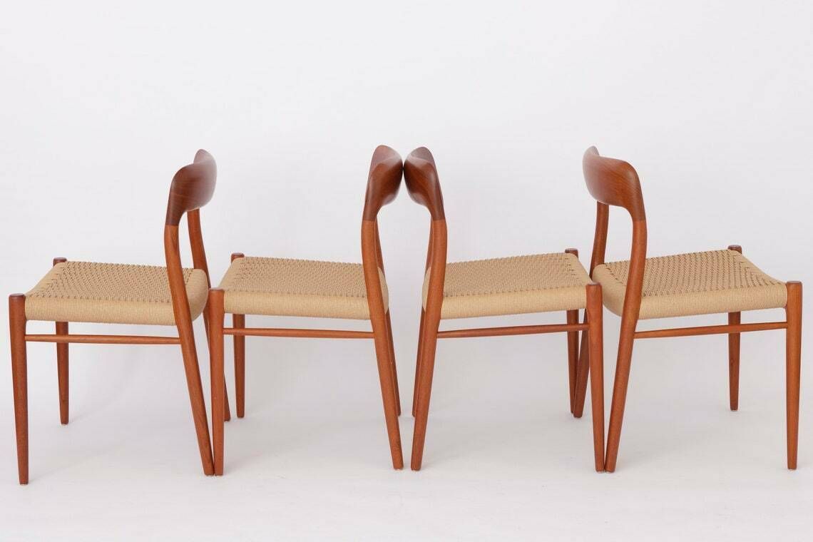 Niels Moller Mid Century Teak Dining Chairs With Papercord Seats By Niels O. Møller For J.L. Moller, Model 75, Set Of 4, Denmark, 1950s photo for sale