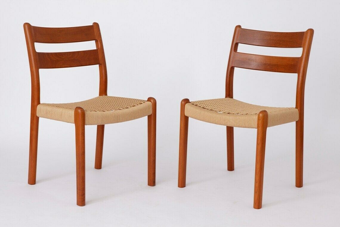 Pair Emc Mobler Mid Century Teak Dining Chairs With Papercord Seats, Set Of 2, Denmark, 1960s 1970s Vintage