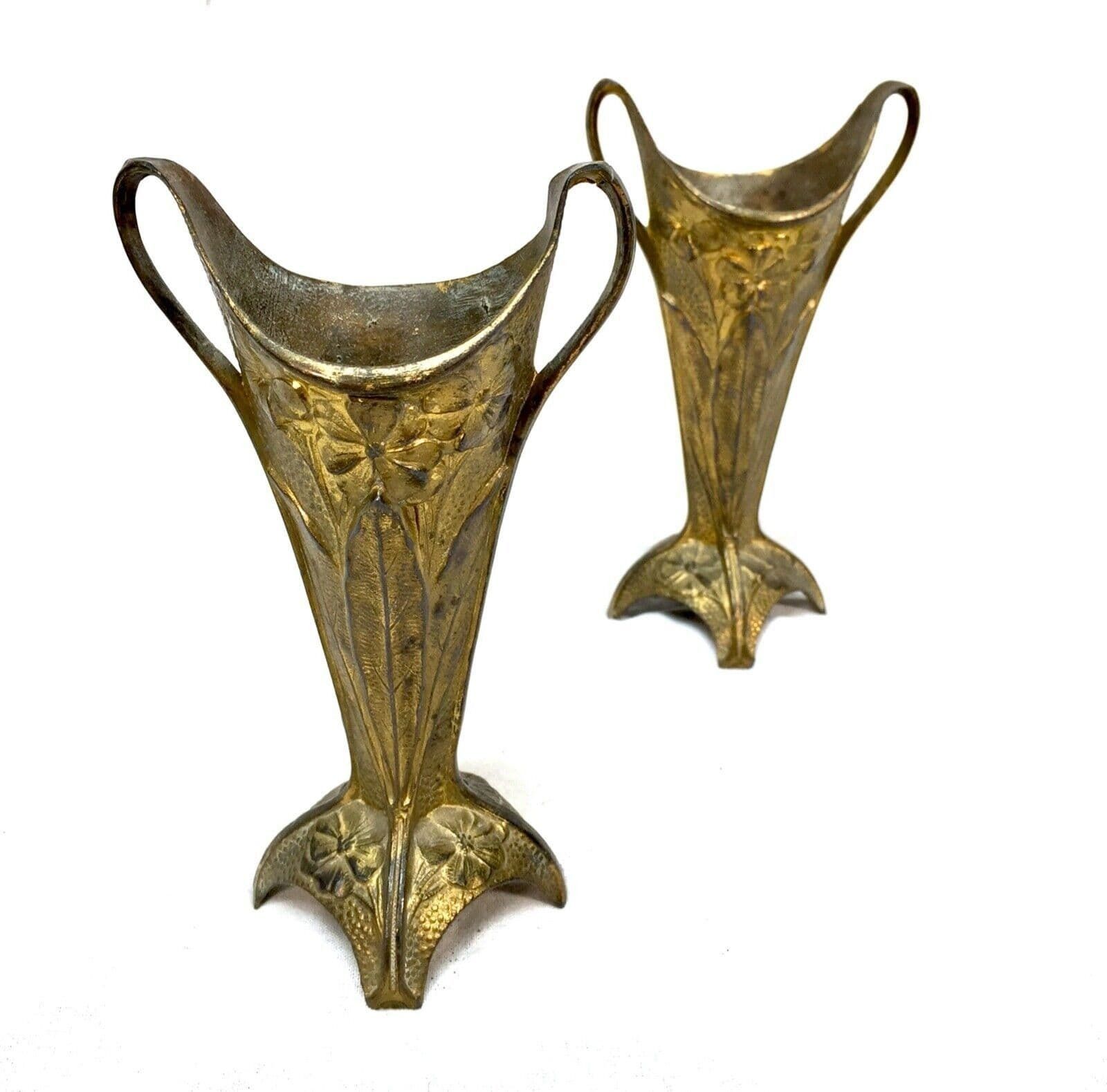 Antique Pair Of Brass Art Nouveau Trumpet Posy Vases / Matching / C.1910 photo Home Decor