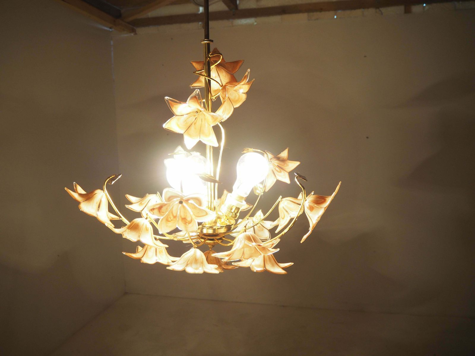 photo vintage Midcentury Flowers Chandelier, Glass And Brass, 1960s