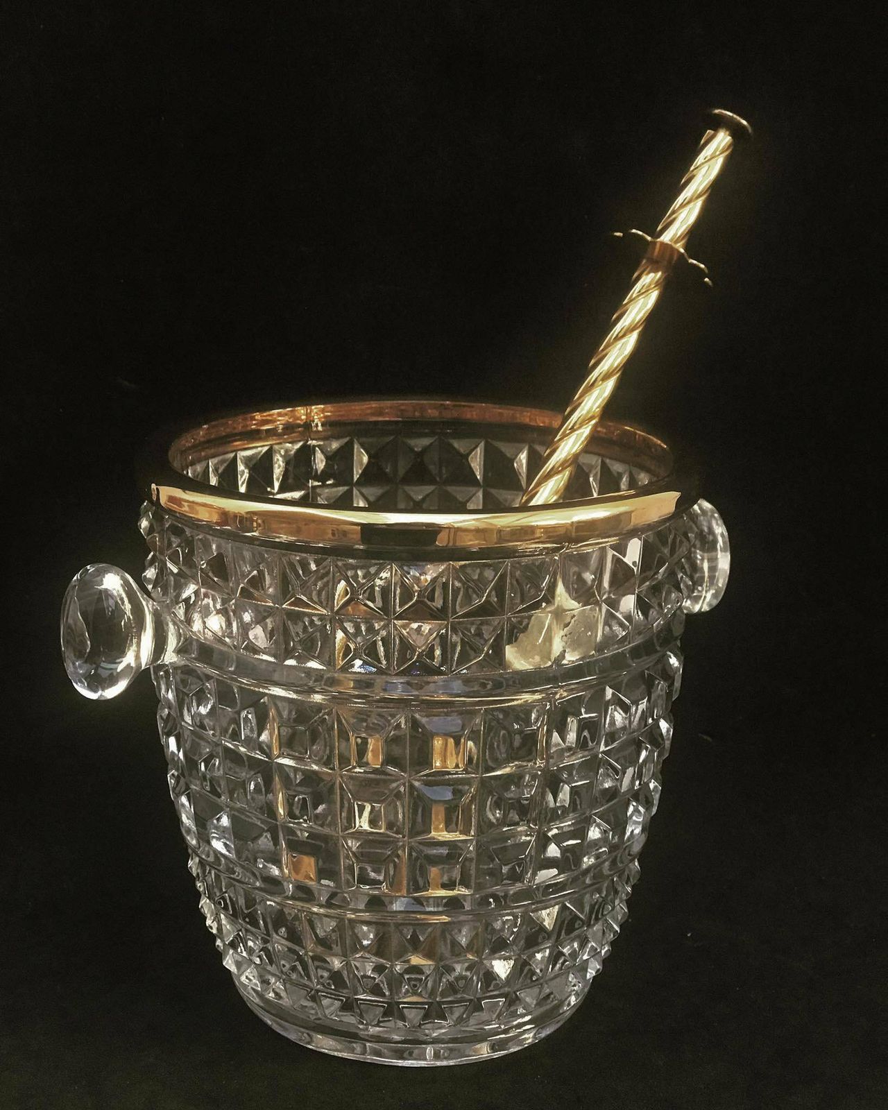 Ice Bucket Heavy Molded Glass With Tongs And Handles Mid Century Austrian Glass Art Oberglas Bar Cart Styling Retro Bar Accessories, Mcm photo furniture