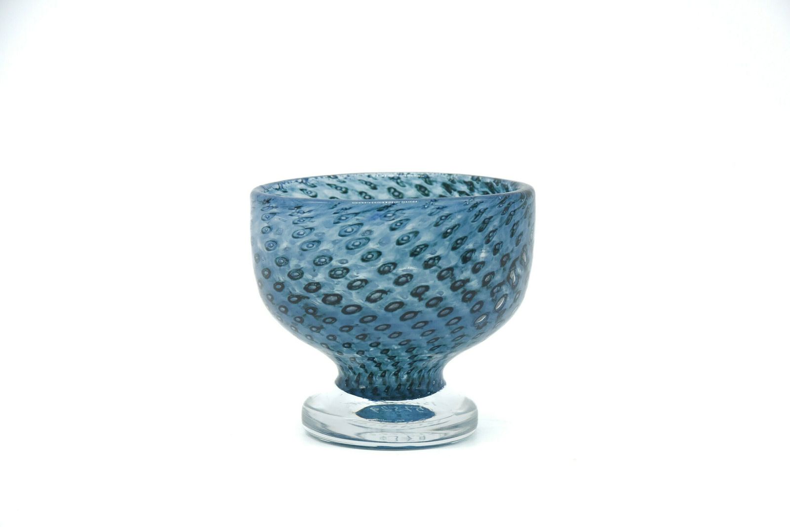 Bertil Vallien For Boda Glass Cirrus Design Blue Glass Bowl | Footed Mid Century Blue Glass Footed Dish photo for sale