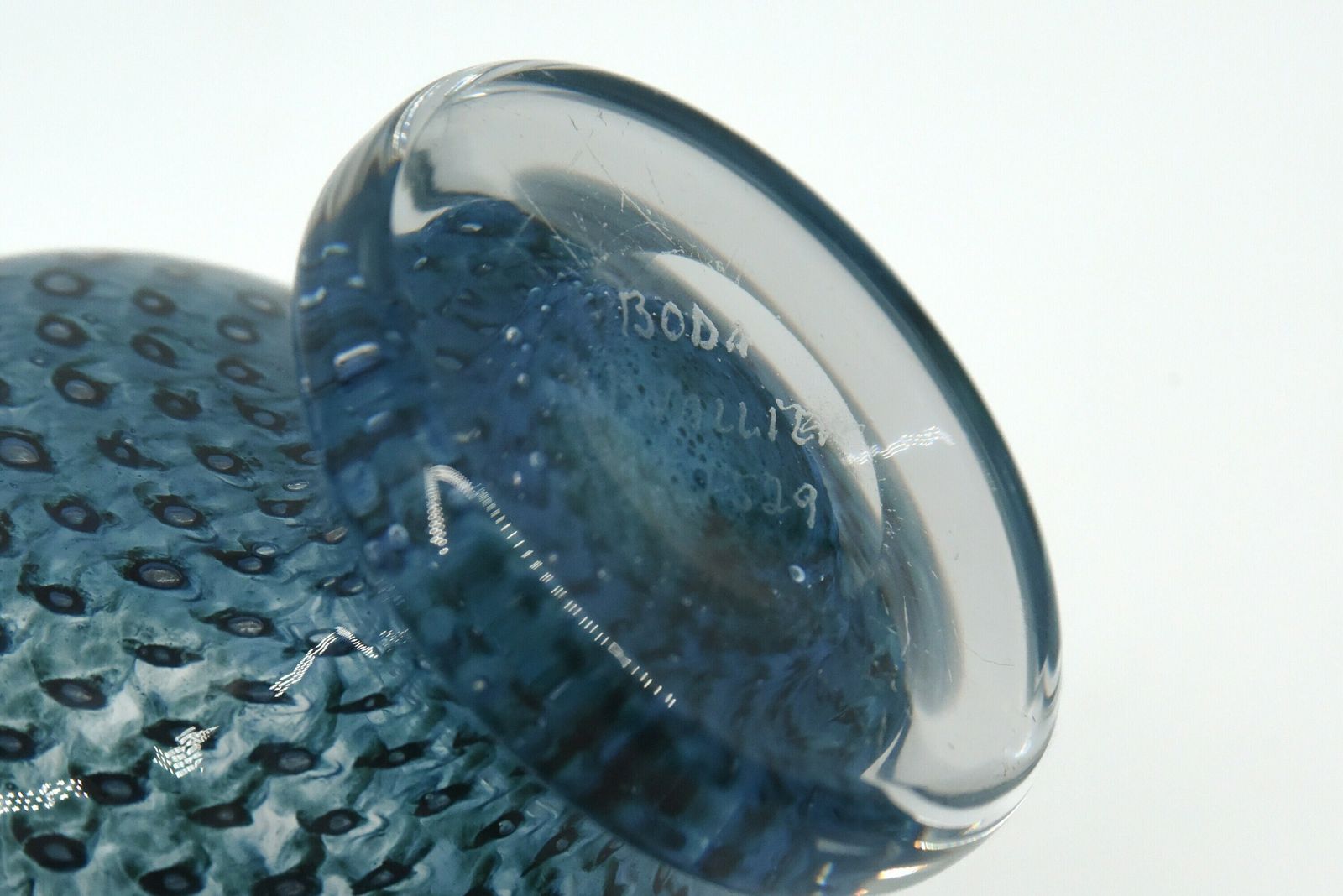 Bertil Vallien For Boda Glass Cirrus Design Blue Glass Bowl | Footed Mid Century Blue Glass Footed Dish photo vinterior