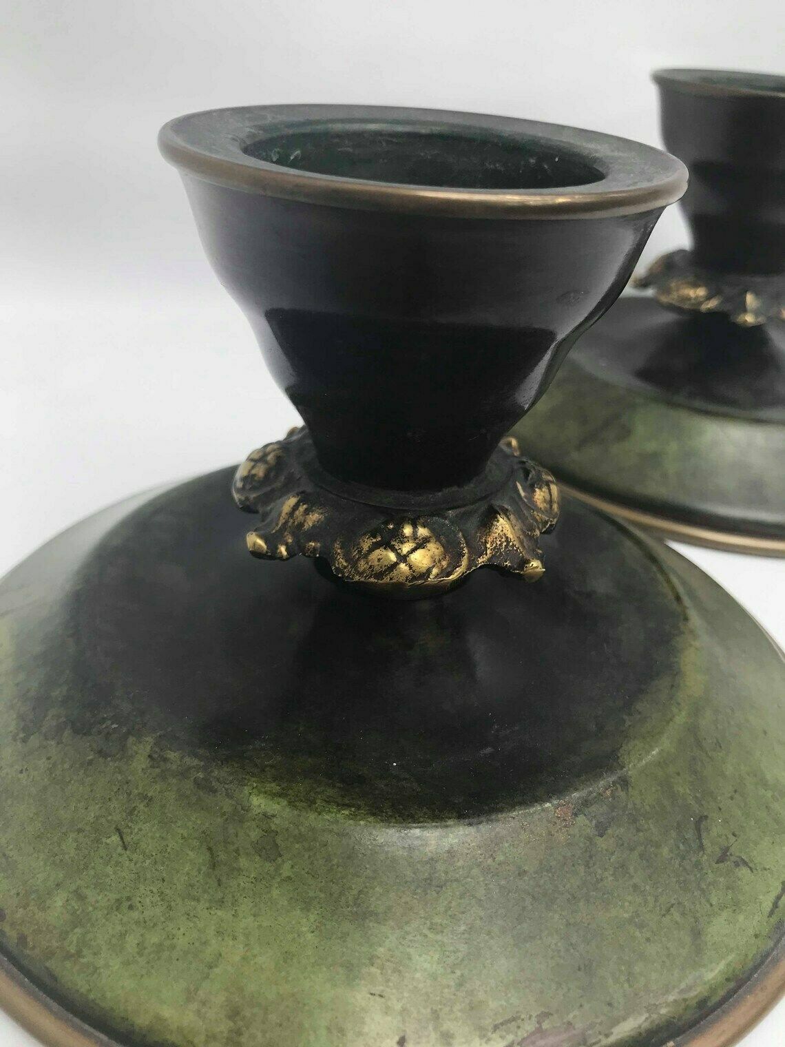 photo furniture Art Deco Candle Holders Bronze Green Patina Ildfast 1930s Denmark, H.F Aegte Pair Candlestick Holders Desk Decor Ashtray Catchall Church