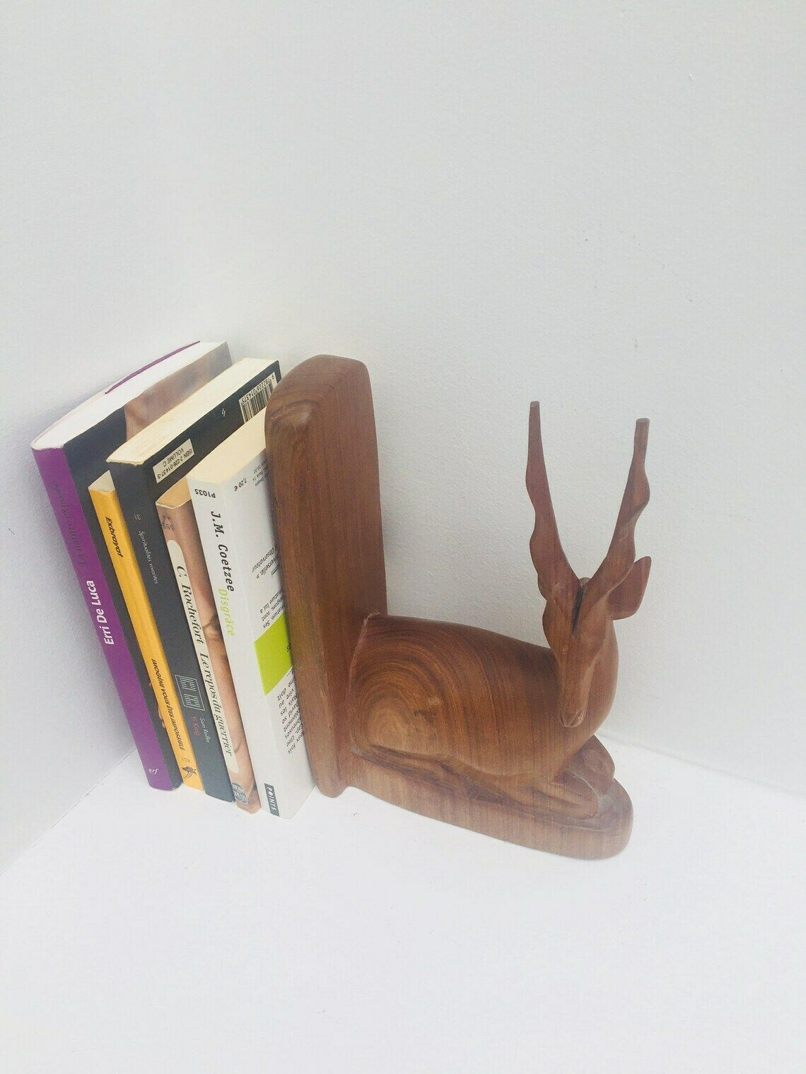 Wooden Deer Bookend Hand Carved Antelope Wood Bookend Solid Walnut Large Figurine Mid Century Book Holder Office Decor Gift For Him Desk photo for sale