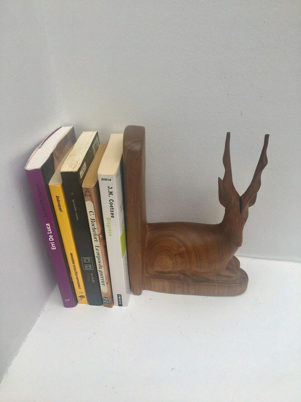 Home Decor Wooden Deer Bookend Hand Carved Antelope Wood Bookend Solid Walnut Large Figurine Mid Century Book Holder Office Decor Gift For Him Desk photo