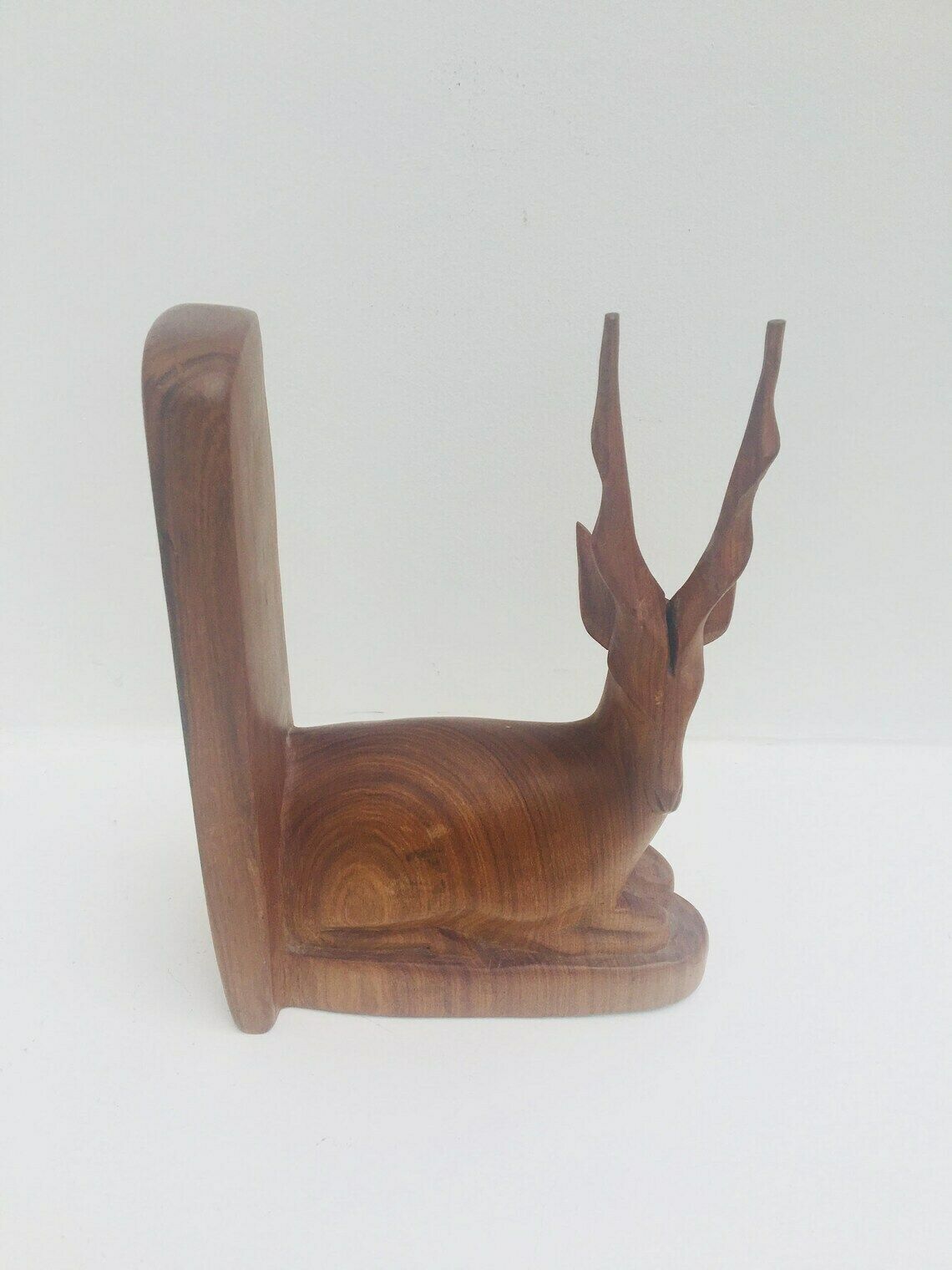 88.0 Wooden Deer Bookend Hand Carved Antelope Wood Bookend Solid Walnut Large Figurine Mid Century Book Holder Office Decor Gift For Him Desk photo
