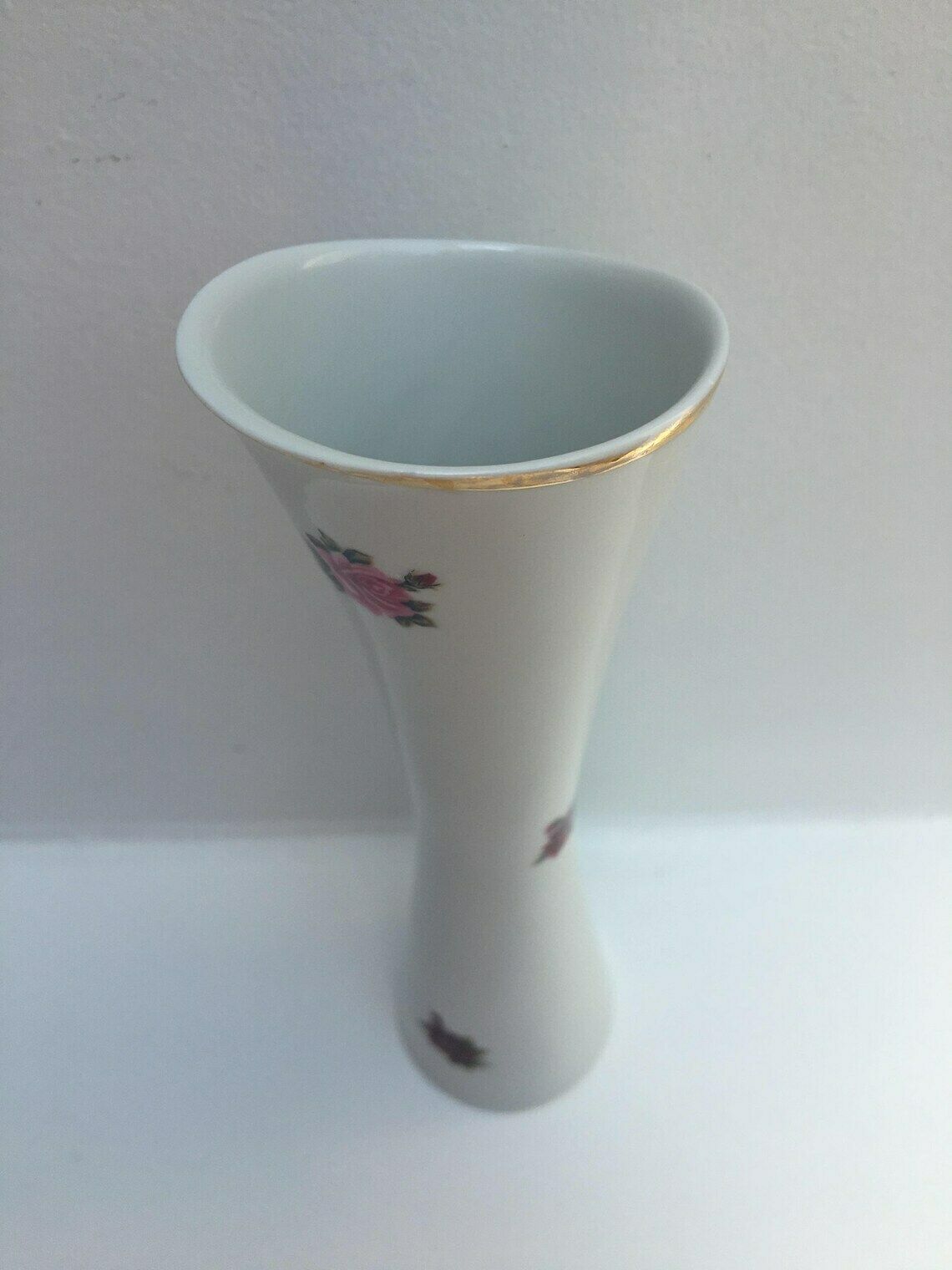 Hungarian Hollohaza Vase, Romantic White Porcelain Vase, Roses Gold Rimmed Hollohaza Hungary 1831 Porcelain Flower Vase, Pink And Red Rose photo for sale