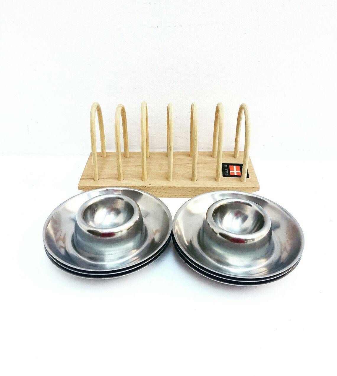 Egg Cup Set Of 6 Stainless Steel 60s Wooden Toast Holder Made In Denmark , Breakfast Set, Vintage Egg Holder Kitchen Tools Wood Toast Holde