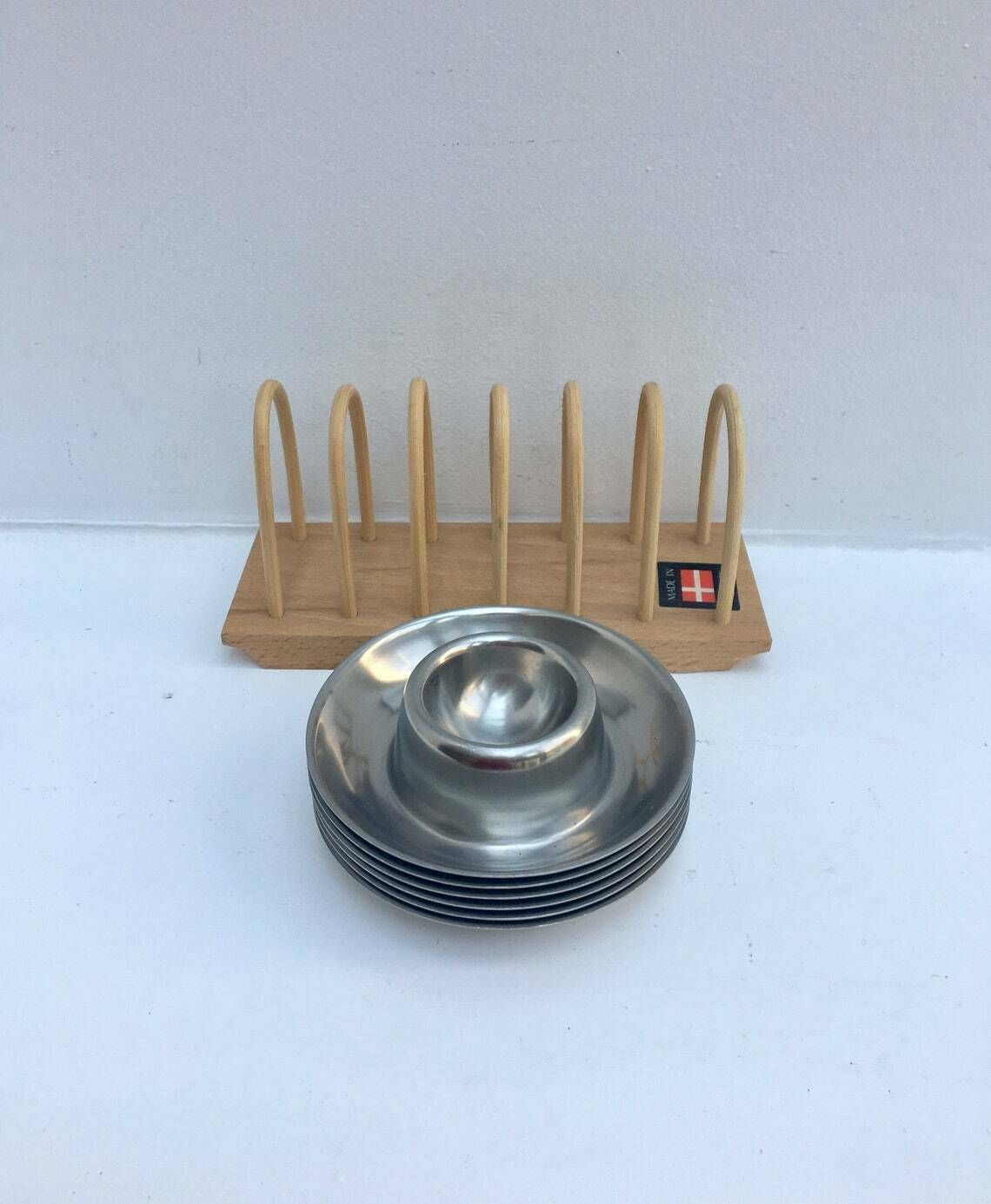 Egg Cup Set Of 6 Stainless Steel 60s Wooden Toast Holder Made In Denmark , Breakfast Set, Vintage Egg Holder Kitchen Tools Wood Toast Holde photo for sale