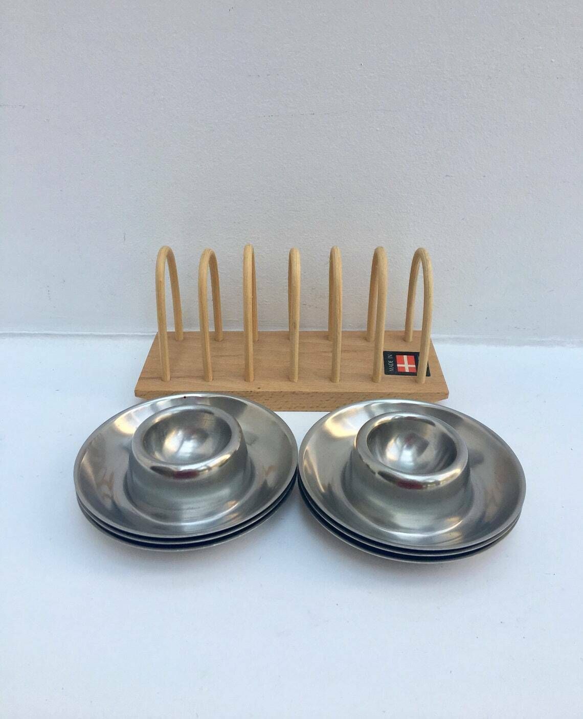 Egg Cup Set Of 6 Stainless Steel 60s Wooden Toast Holder Made In Denmark , Breakfast Set, Vintage Egg Holder Kitchen Tools Wood Toast Holde photo buy