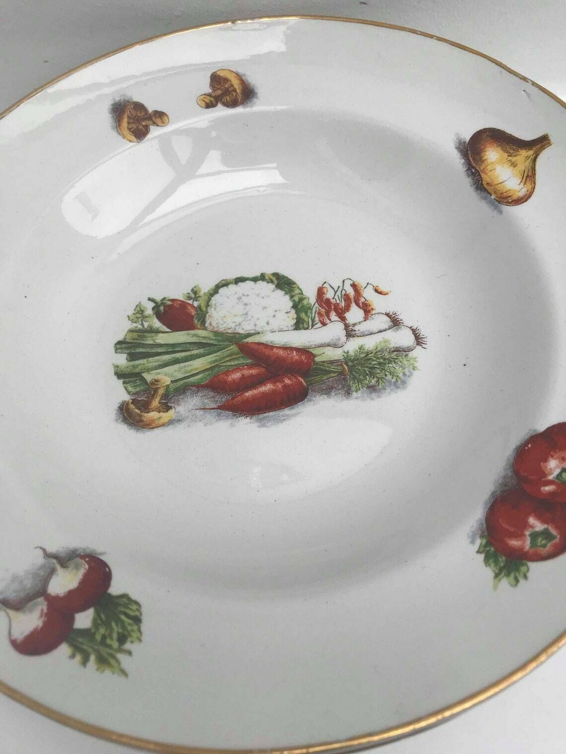 Soup Plates Vegetable Decoration France 1940s Pasta Plates Soup Dishes Vegetables Decor Set 3 Gift For Her photo for sale