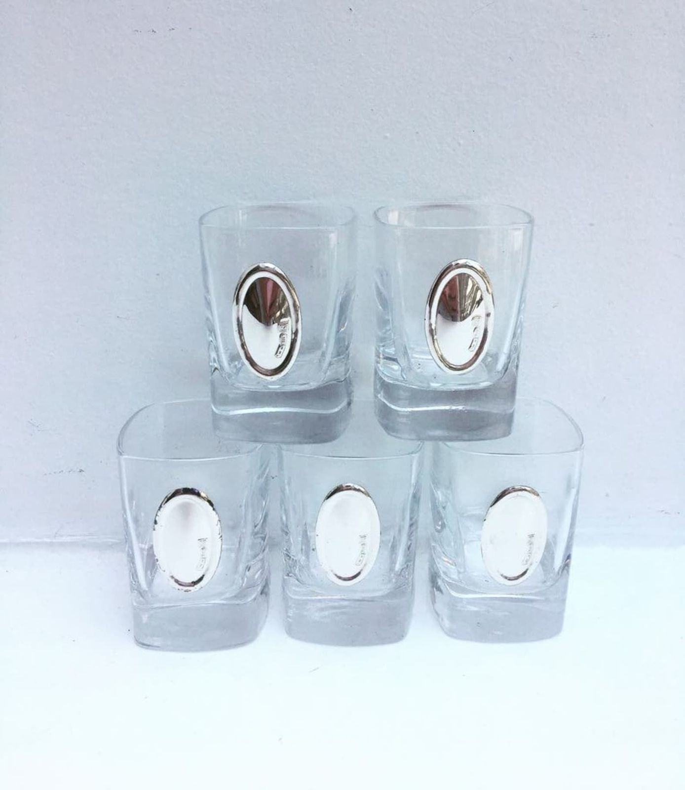Shot Glasses With Silver Medallions , 5 Vodka Shots Glasses Square Glasses , Silver 925 Medallions Ready To Be Engraved Luxury Glassware photo furniture