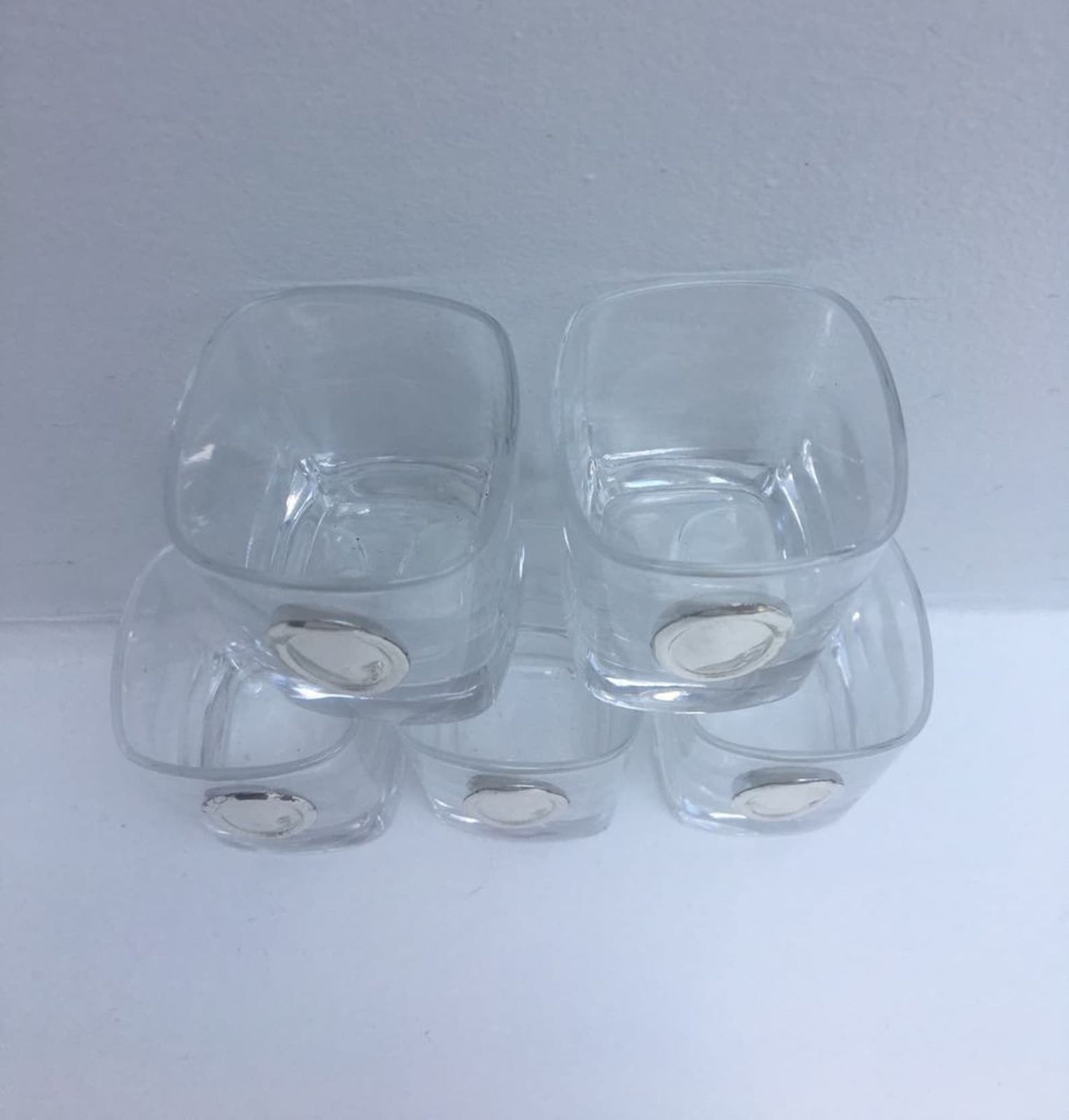 Shot Glasses With Silver Medallions , 5 Vodka Shots Glasses Square Glasses , Silver 925 Medallions Ready To Be Engraved Luxury Glassware photo Home Decor