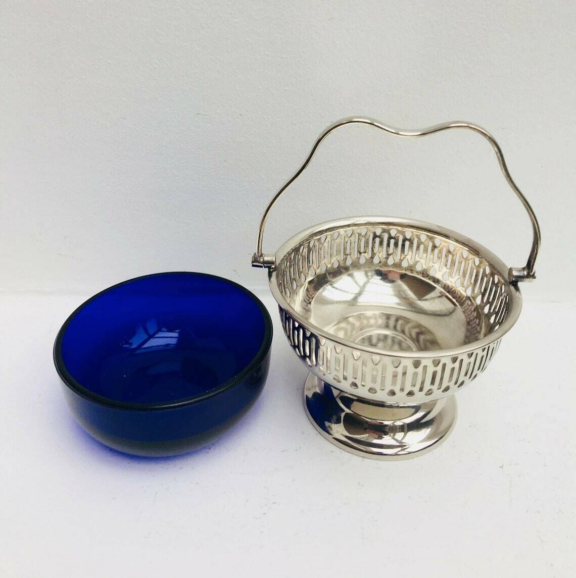 Sugar Bowl Pedestal Bon Bon Dish Falstaff Silver Plated England Cobalt Blue Liner With Handle, Blue Glass Liner Sweets, Olives, Nuts 1940s photo for sale