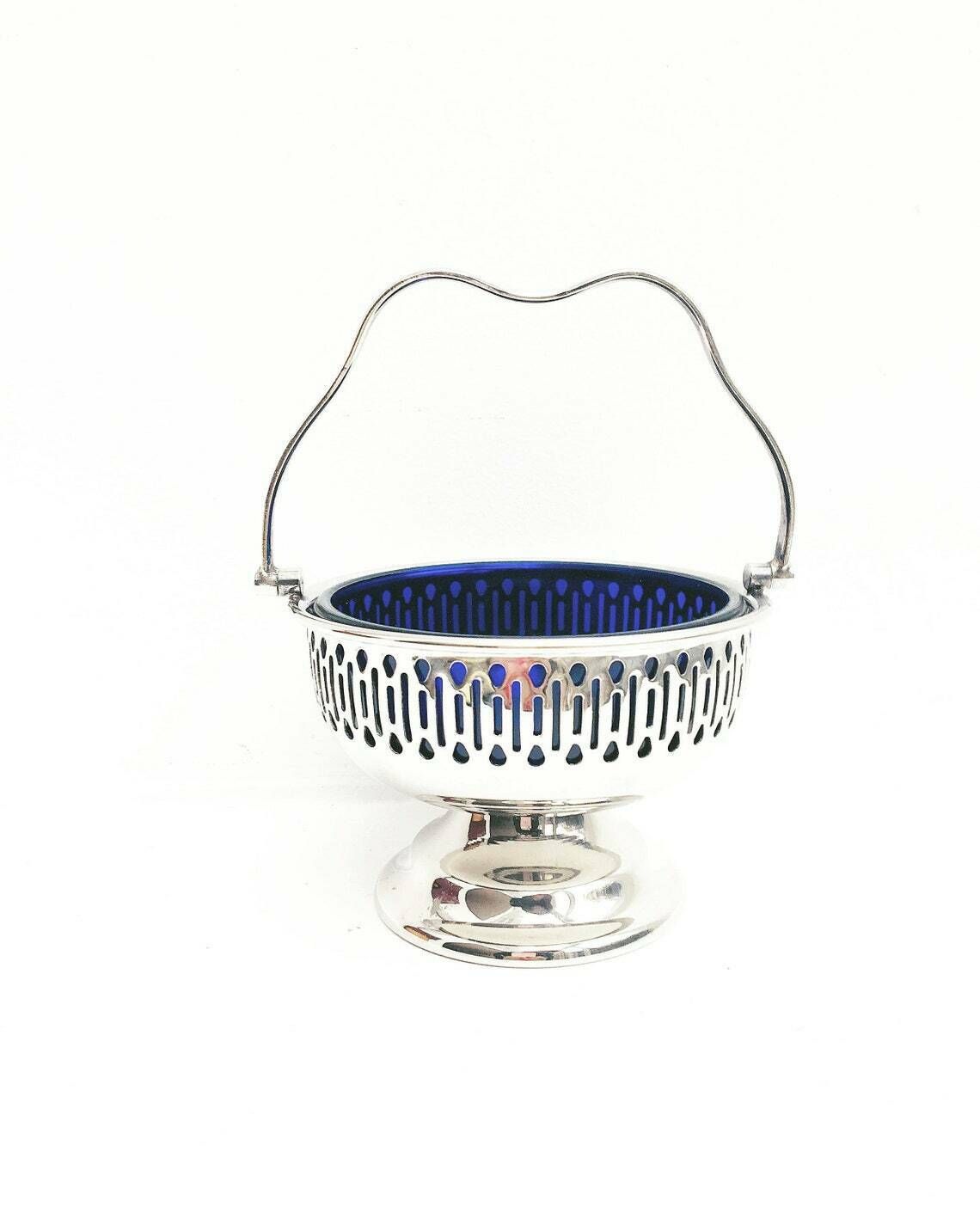 Sugar Bowl Pedestal Bon Bon Dish Falstaff Silver Plated England Cobalt Blue Liner With Handle, Blue Glass Liner Sweets, Olives, Nuts 1940s photo Home Decor