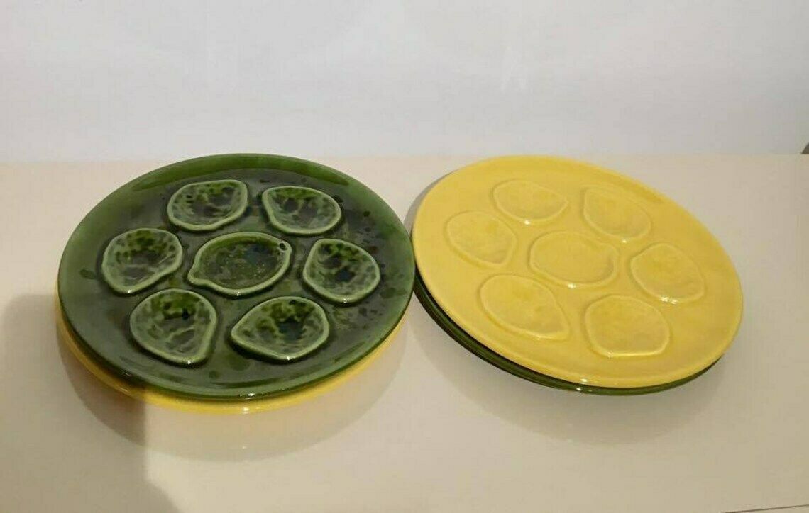 9 Vintage Groene Oesterplaten, Niderviller Faience Jaren 1950, Oesterplaat, Oesterschaal, Verzamelaarsset Mid Century photo furniture