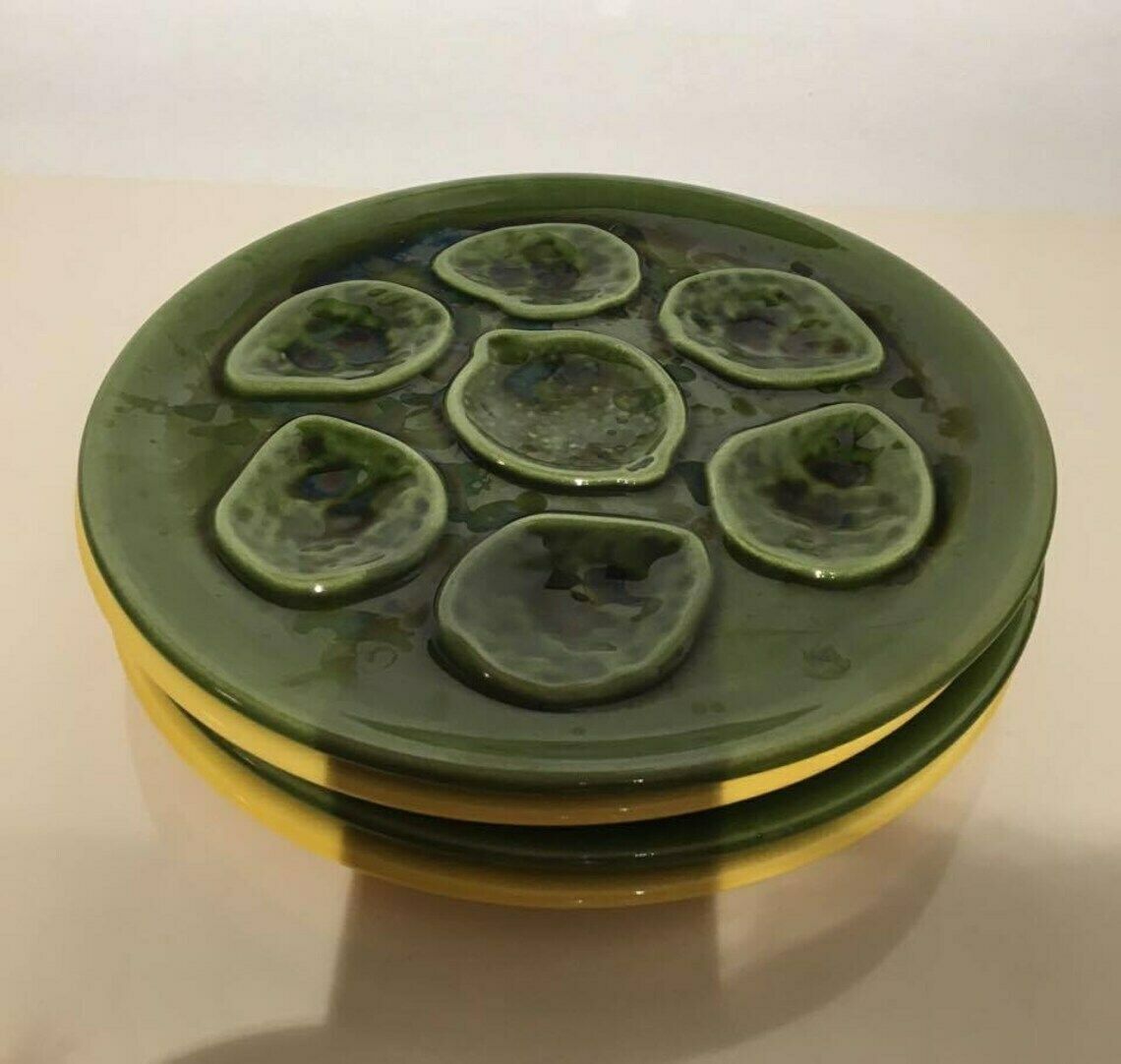 9 Vintage Groene Oesterplaten, Niderviller Faience Jaren 1950, Oesterplaat, Oesterschaal, Verzamelaarsset Mid Century photo for sale