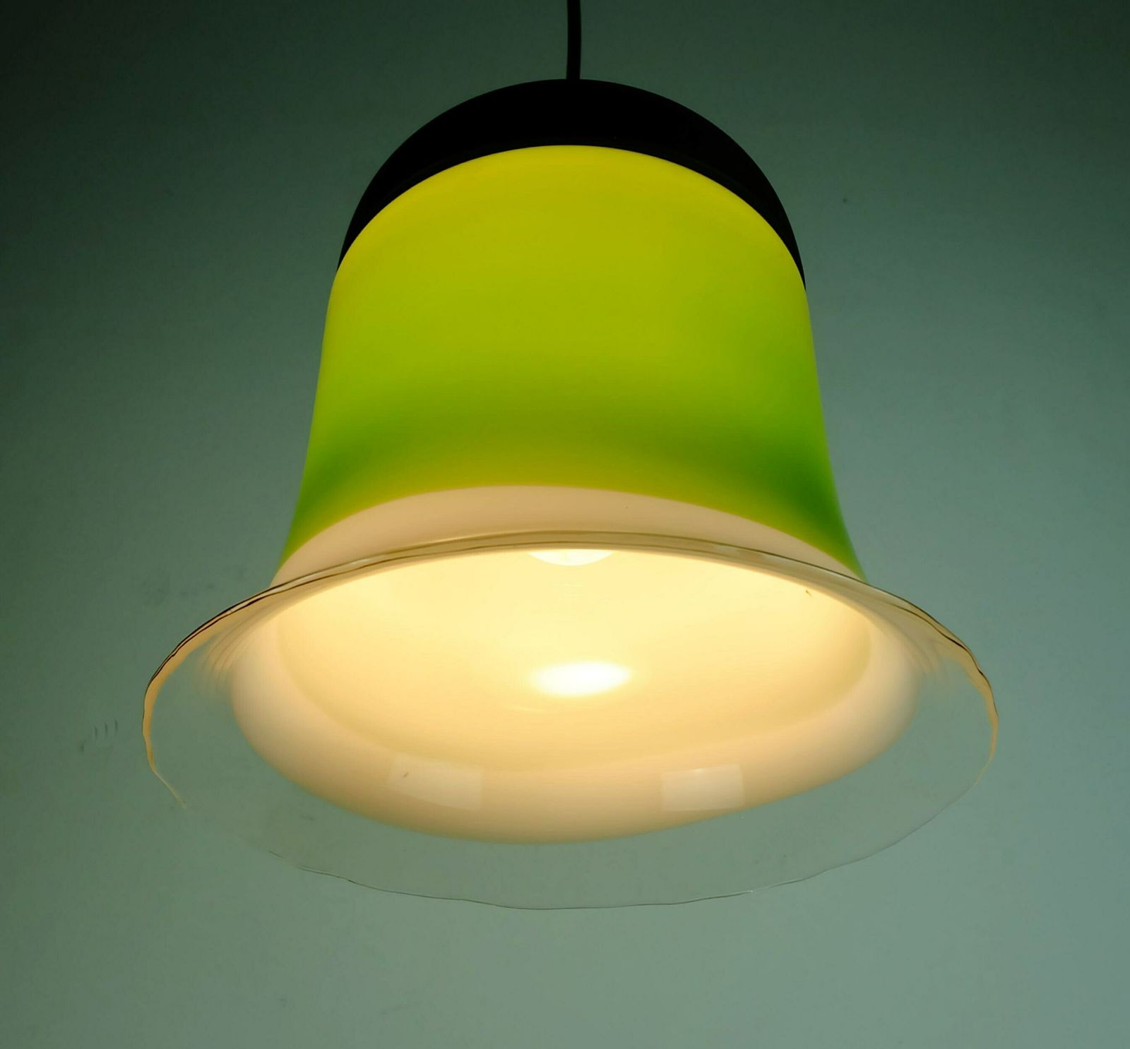 photo furniture Mid Century Pendant Light Peill & Putzler 1970s Green White And Clear Glass Shade Model Ah 191