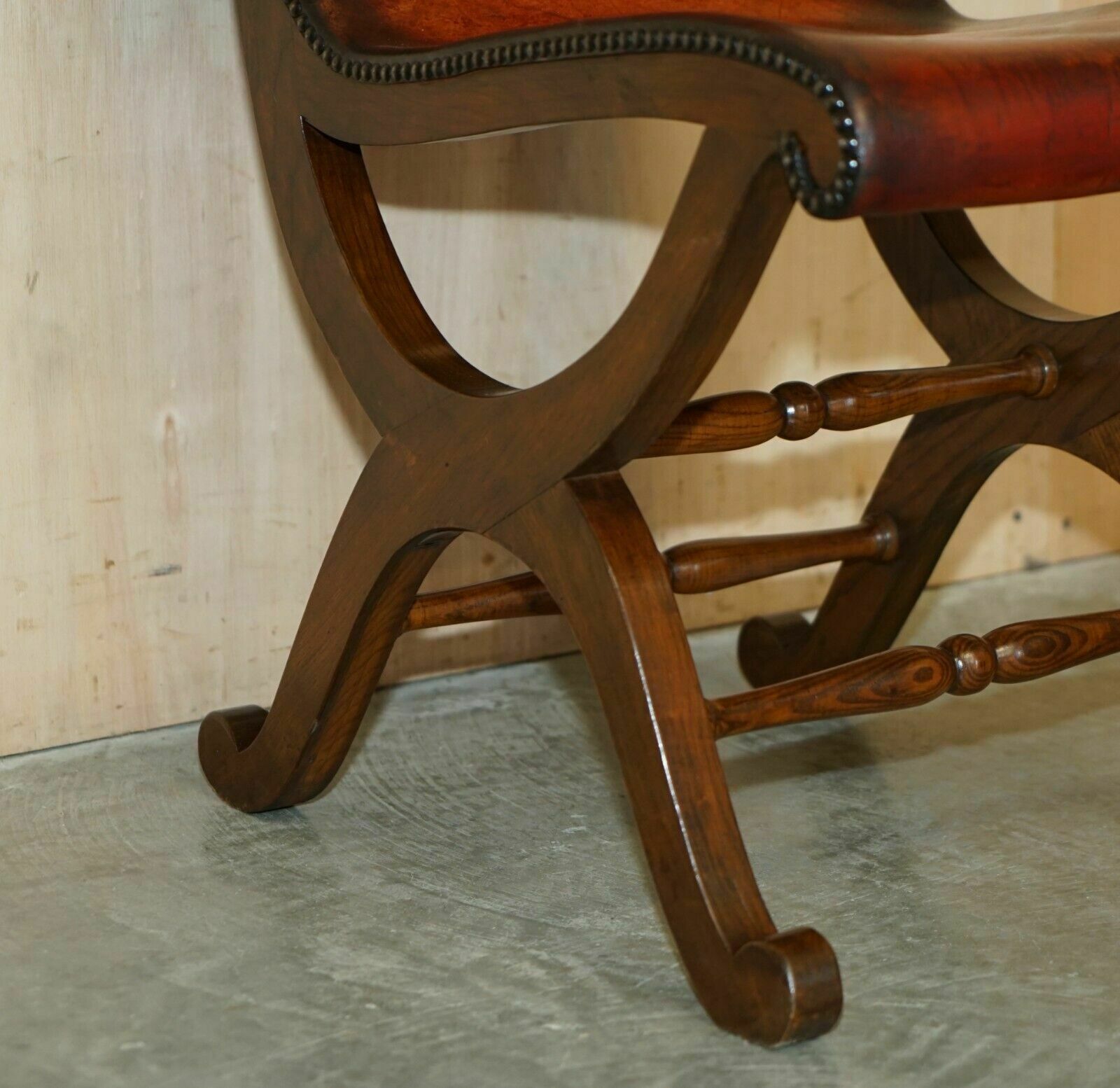 photo furniture Six Restored Brown Leather And Oak Spanish Pierre Lottier Alamazan Dining Chairs 6