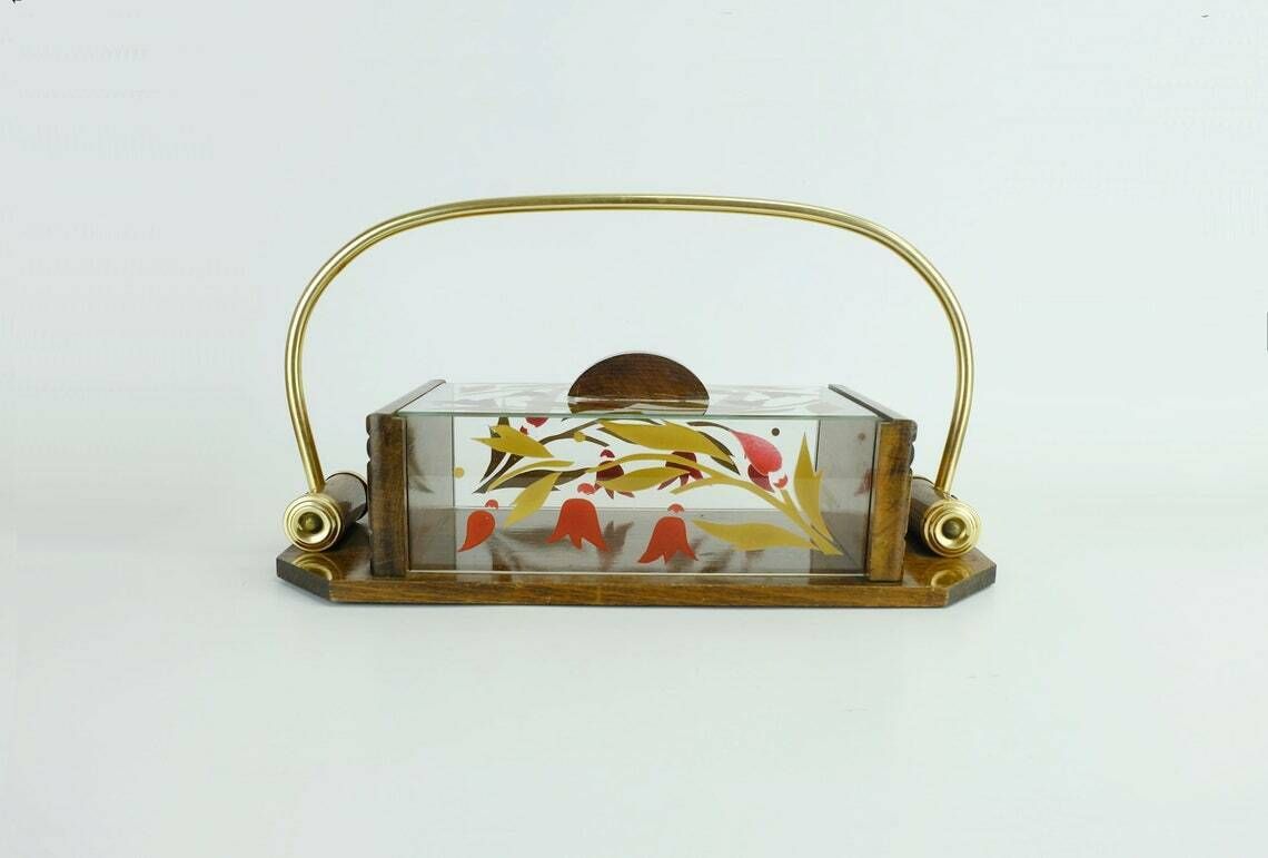 Beautiful 1930s French Art Déco Cookie Jar. Wood Glass Brass