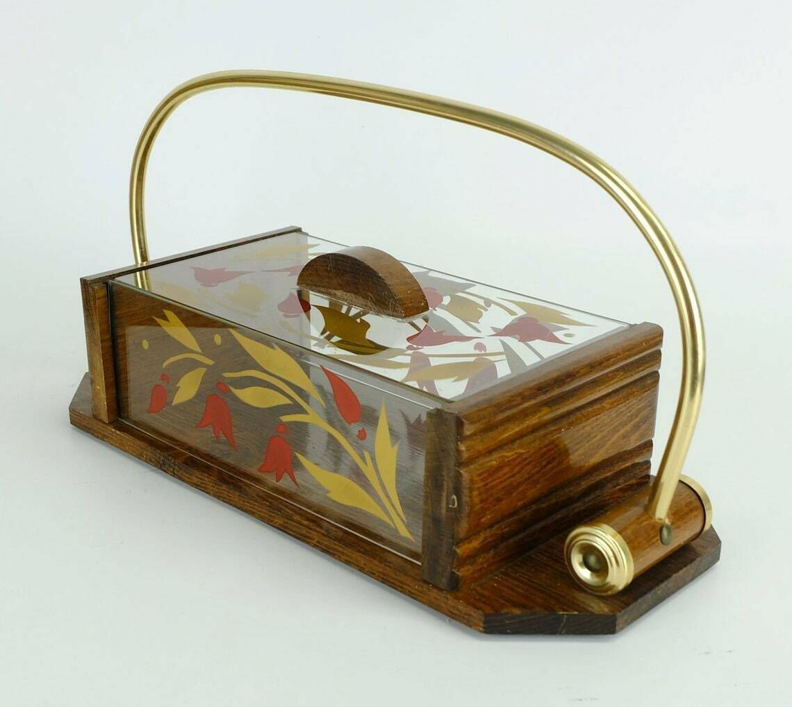 Beautiful 1930s French Art Déco Cookie Jar. Wood Glass Brass photo furniture